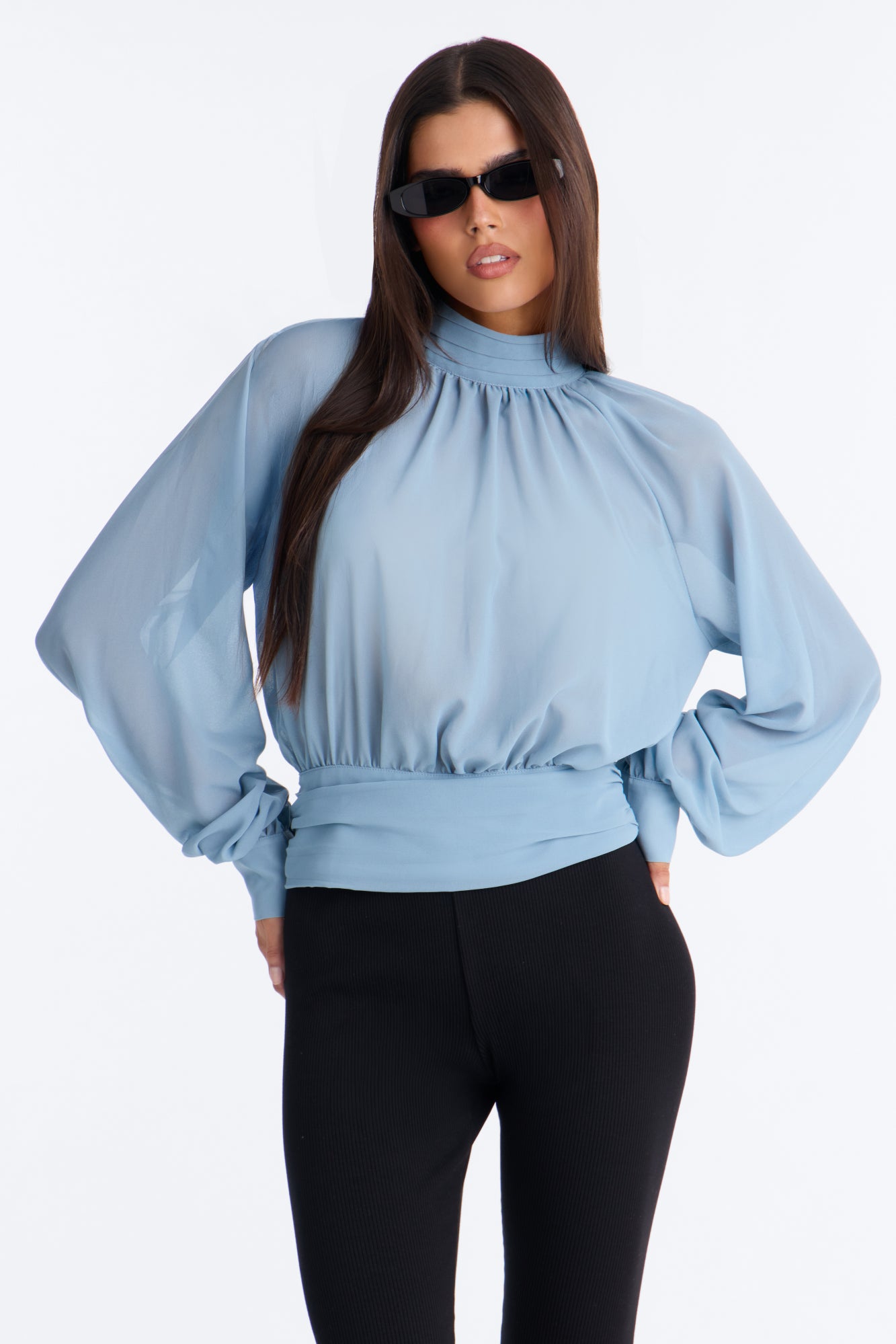 Fine Dining Backless Chiffon Blouse - Dusty Blue
