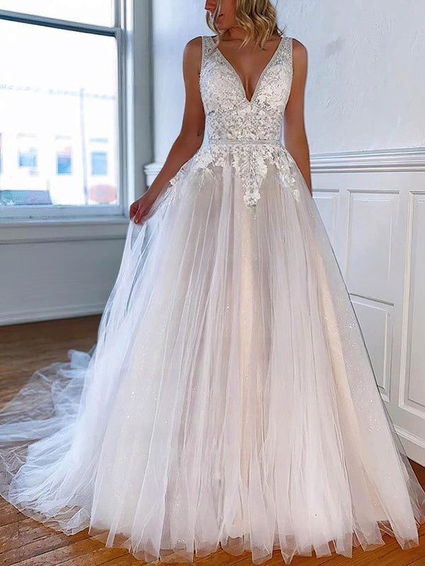 Beautiful A-Line V-Neck Tulle Backless Lace Wedding Dresses