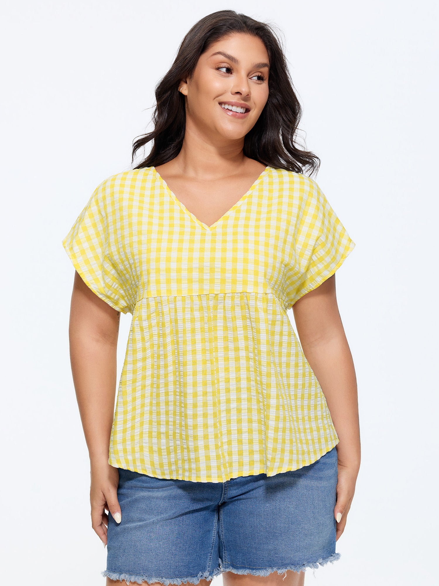 Cotton Gingham Print V-Neck Blouse