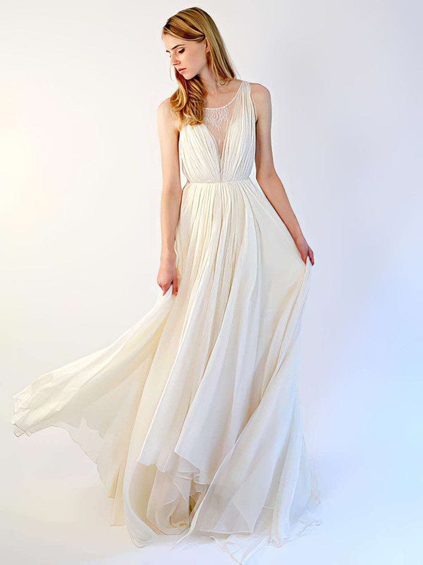 Beautiful A-Line Sleeveless Chiffon Tulle Sweep Train Wedding Dresses with Ruffles