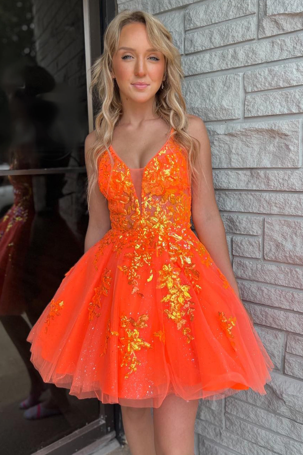 Sparkly Orange A-Line Spaghetti Straps Short Homecoming Dress/Mini Dress with Sequins