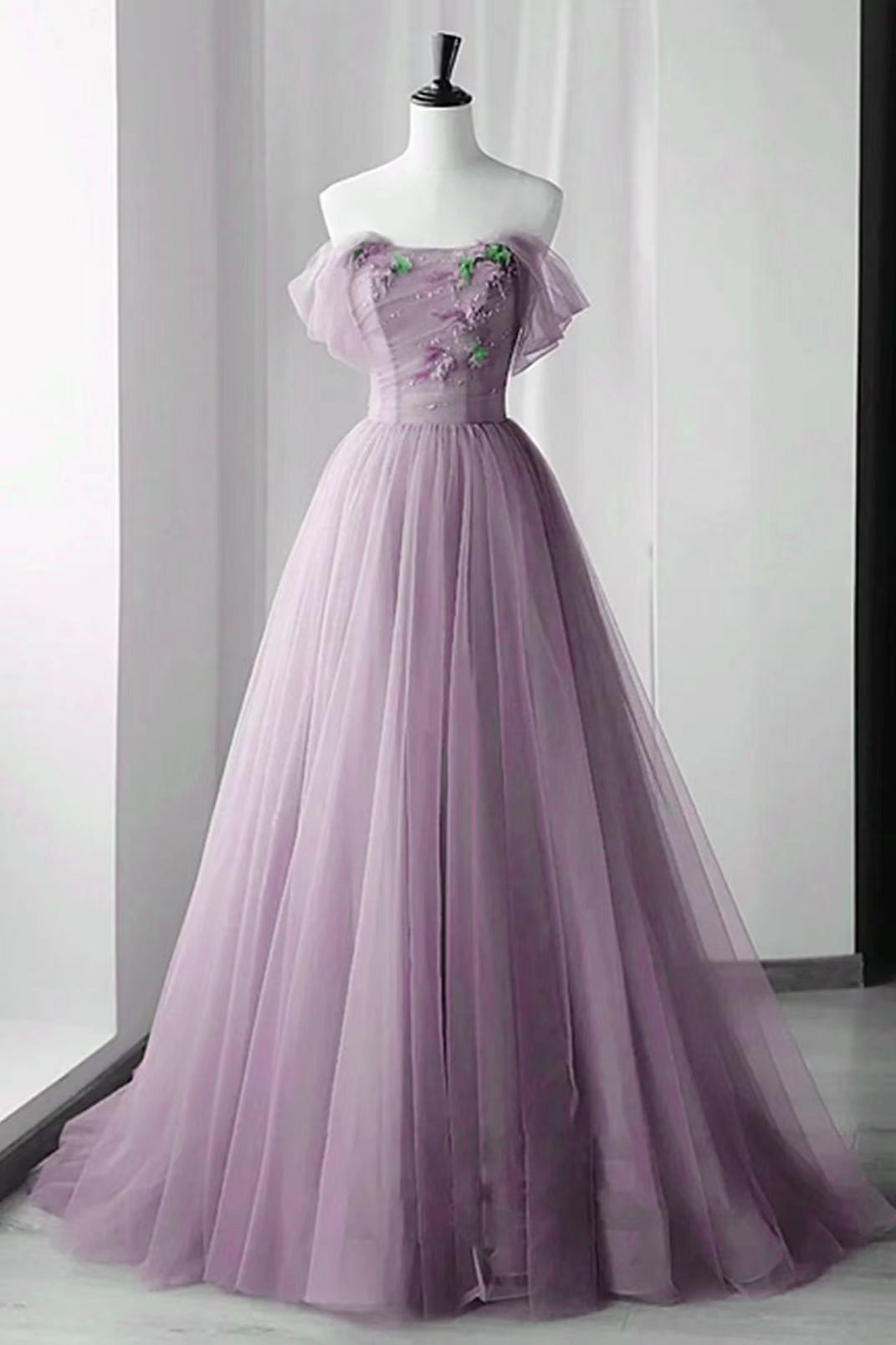 Lilac Beadings Off-The-Shoulder Appliques Evening Dress With Tulle
