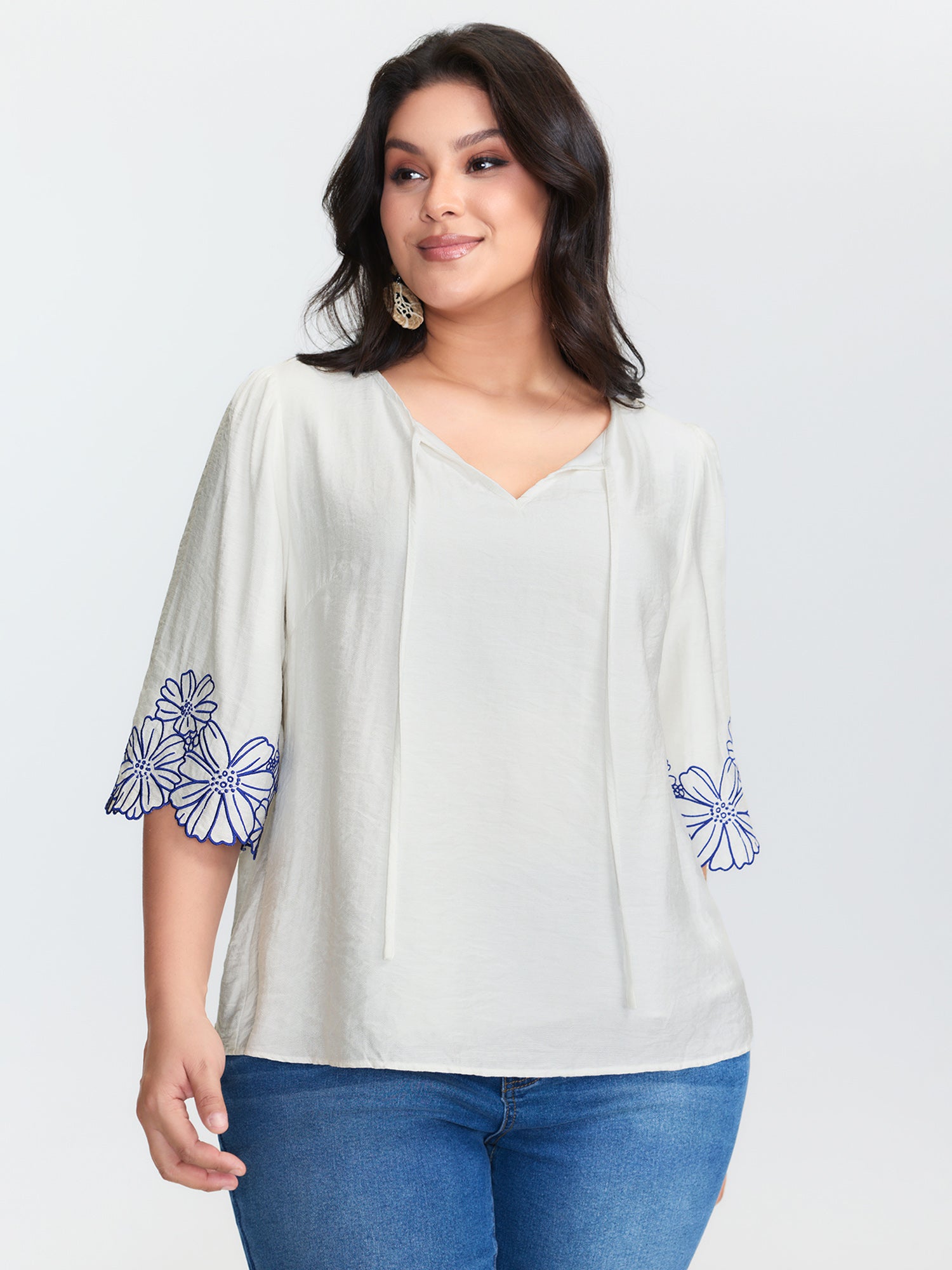 Floral Embroidered Sleeve Neck Keyhole Blouse