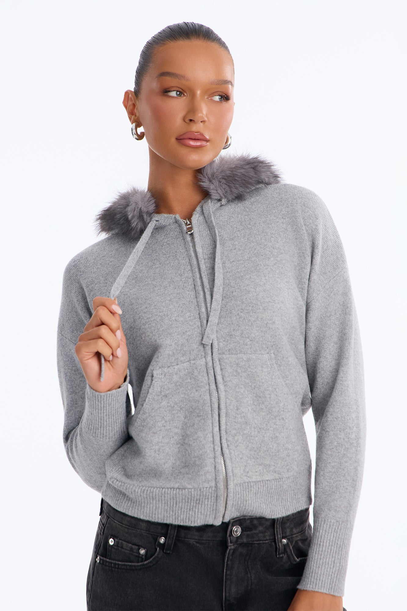 Veronica Faux Fur Hooded Sweater - Heather Grey