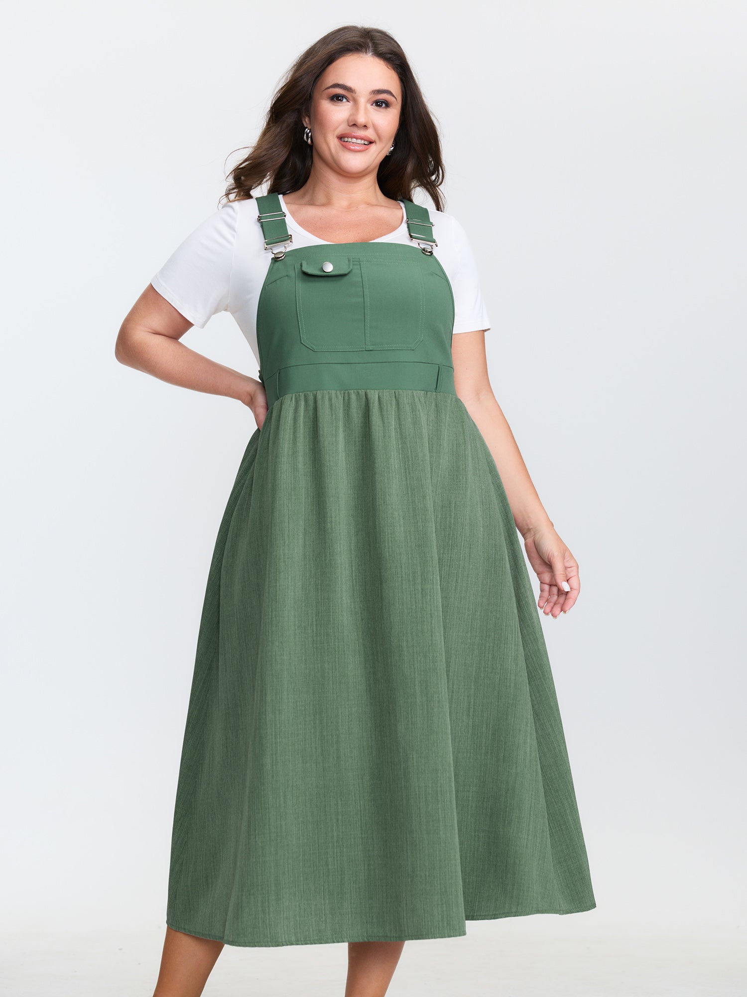 Textured Pockets Adjustable Overall Dress