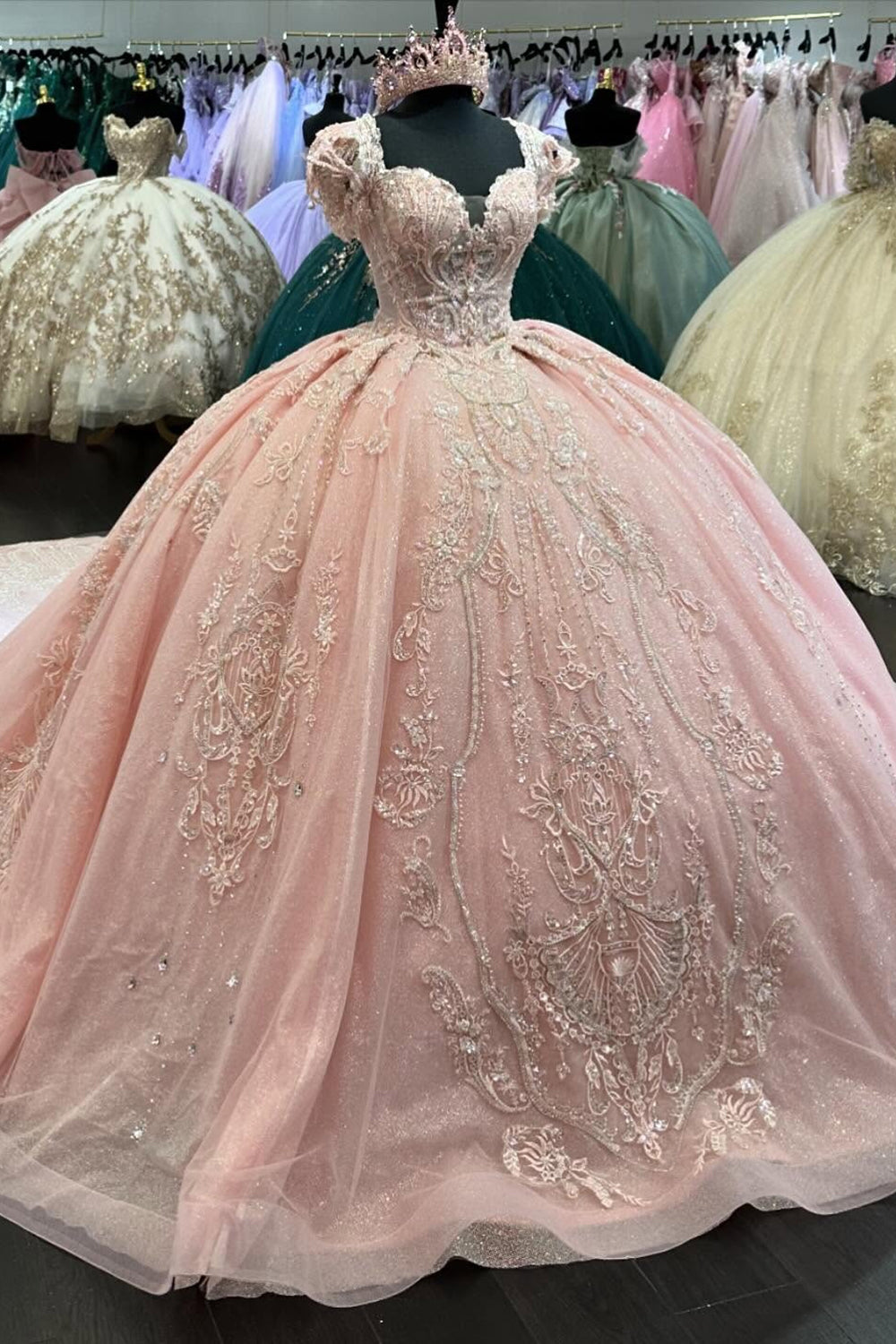 Princess Tulle Quinceanera Dress with Sparkly Blush Beaded Applique and Square Neck Train