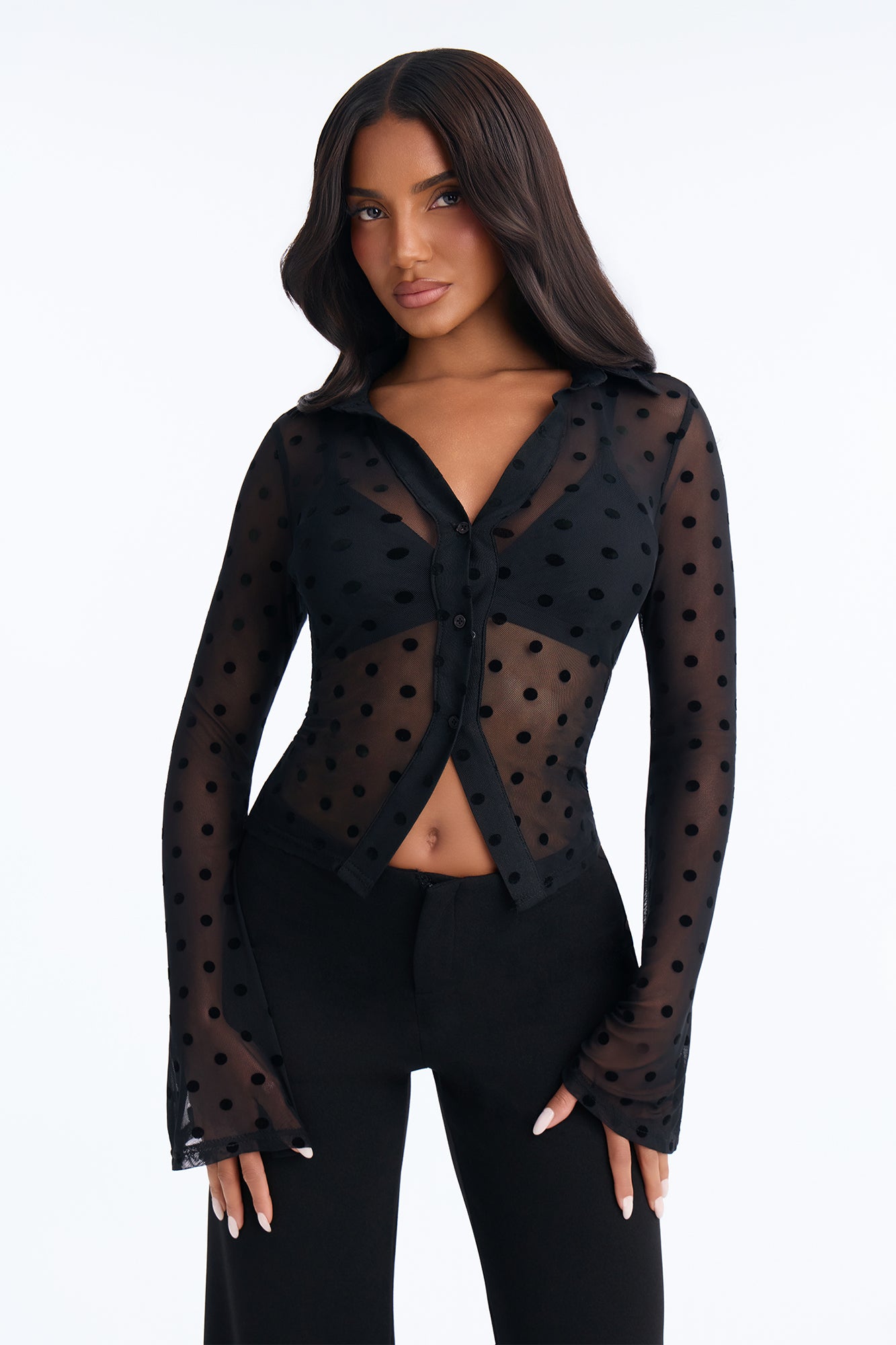 Fera Flocked Polka Dot Mesh Long Sleeve Top - Black
