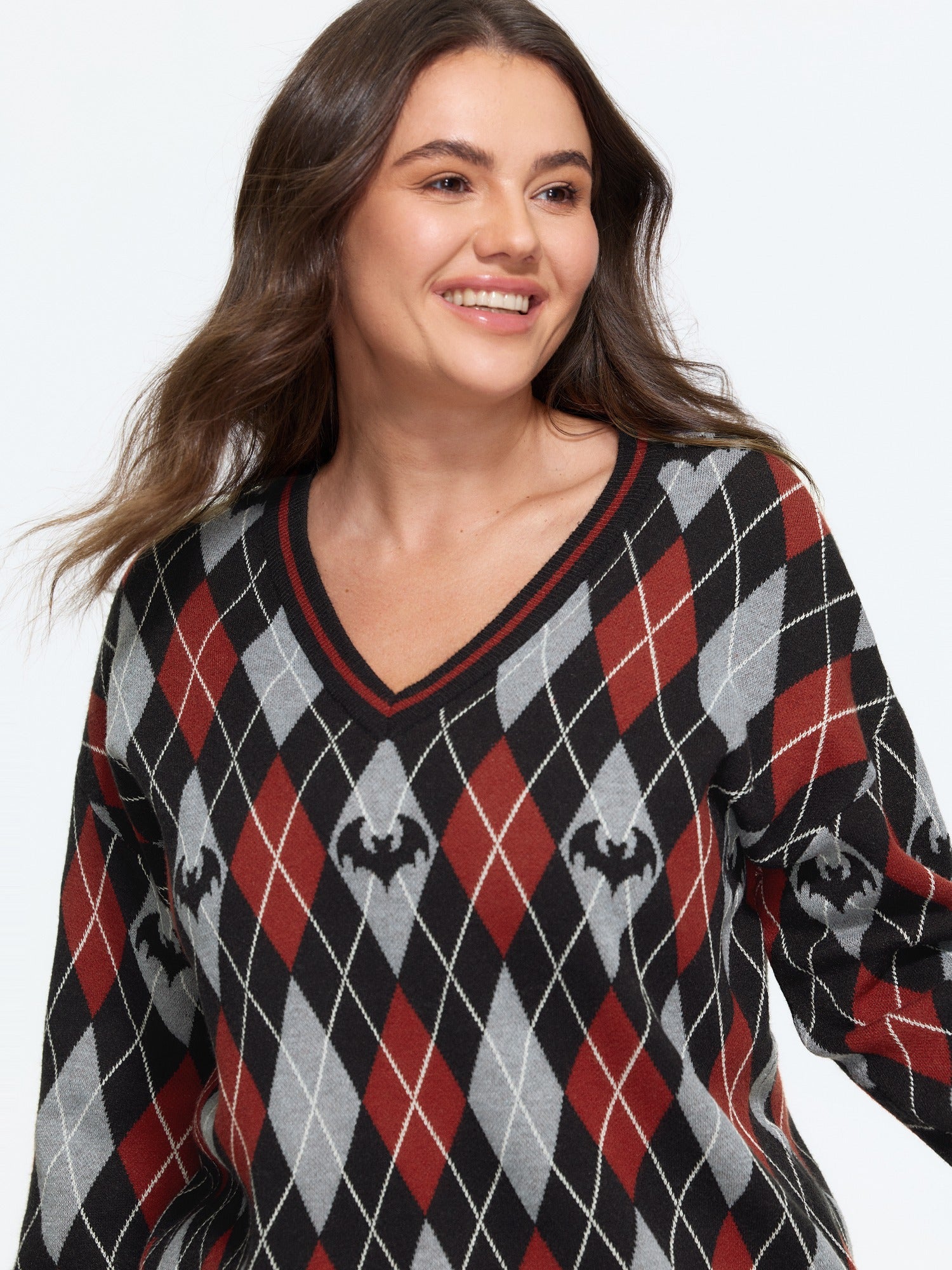 Supersoft Argyle Bat Jacquard V‑Neck Pullover