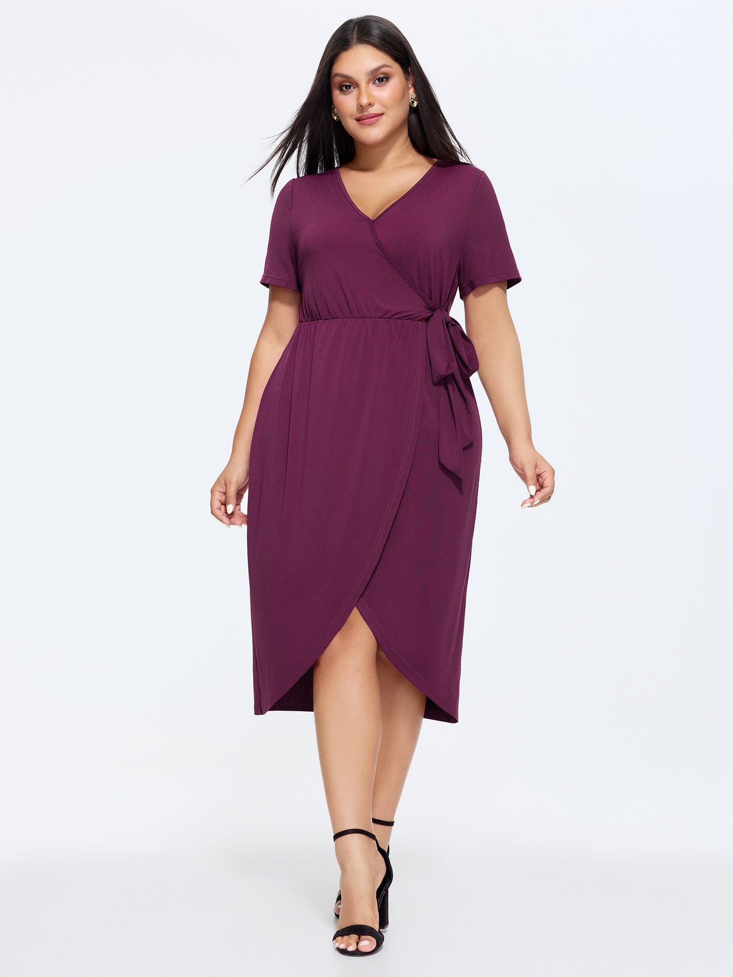 Stretchy Wrap Side-Tie Petal Hem Midi Dress