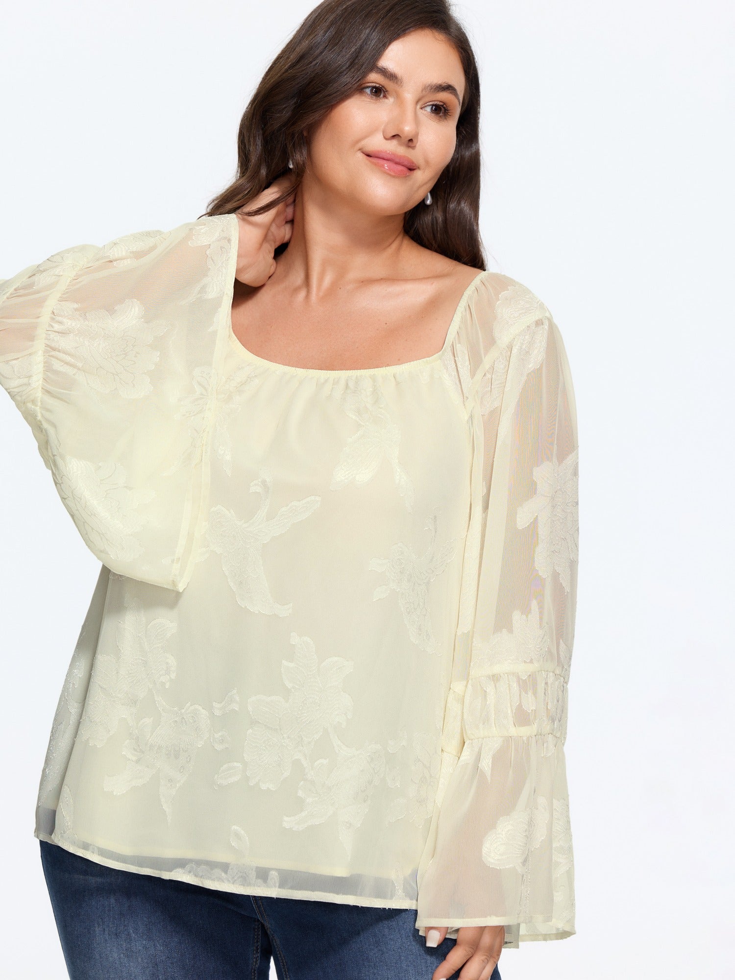 Textured Floral Bell Sleeve Sheer Mesh Blouse