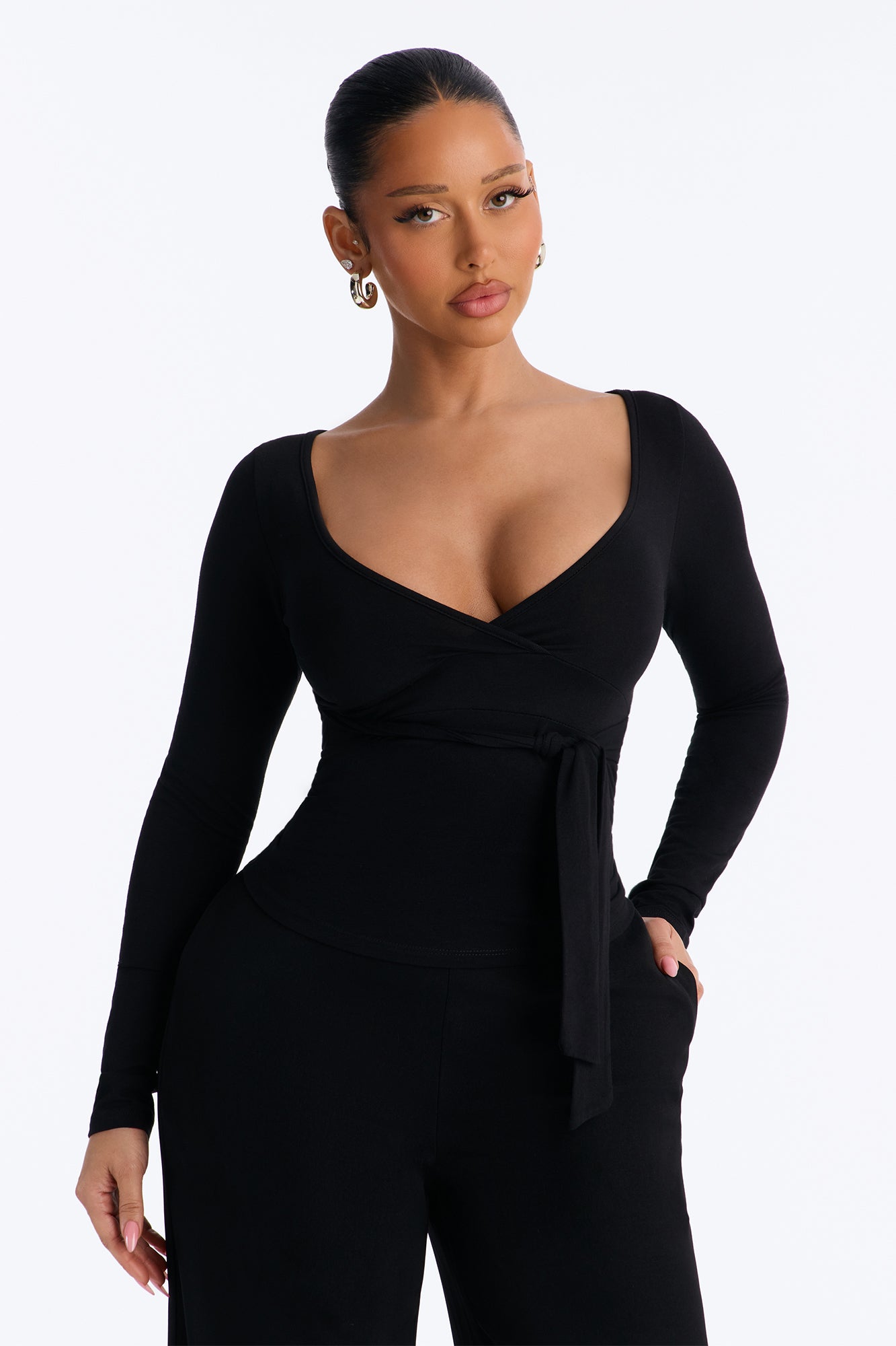 Chrissy Plunge Wrap Long Sleeve Top - Black