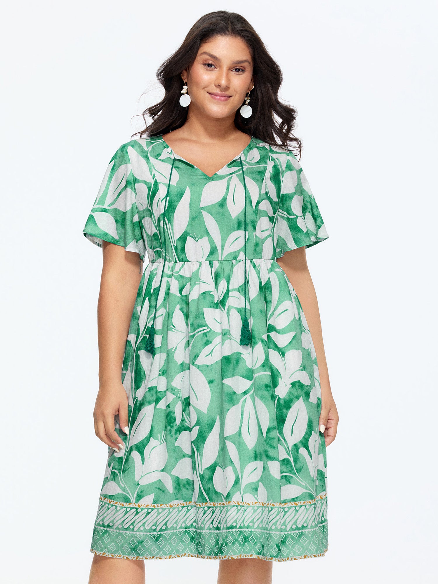 Leaf Print Neck-Tie Flowy Midi Dress