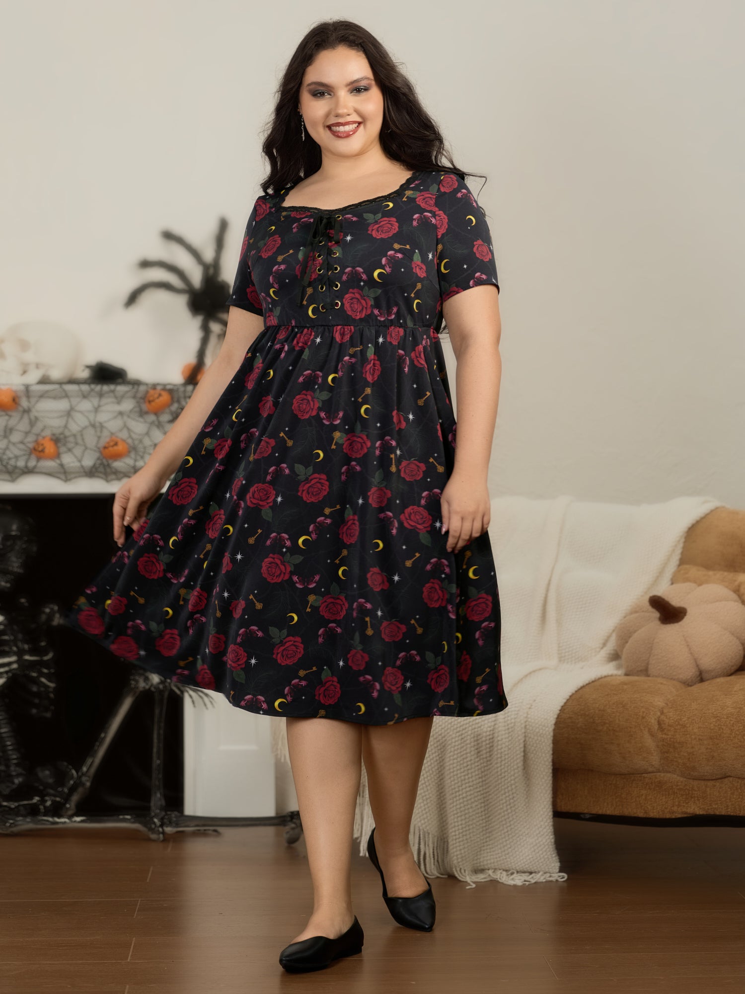 Rose Print Lace Trim Lace‑Up Front Midi Dress