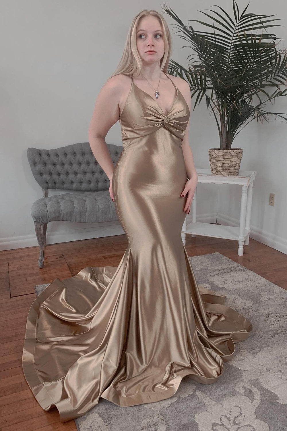 Backless Mermaid Prom Dress with Halter in Champagne