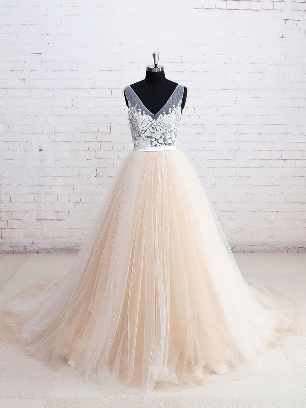 Gorgeous V-Neck A-Line Tulle Court Train Wedding Dresses with Ribbon