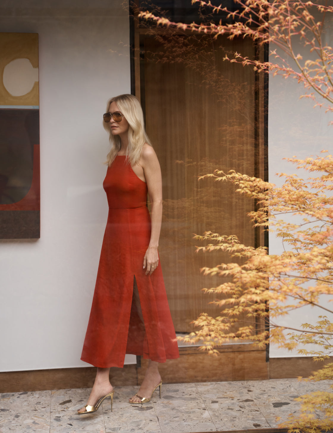 Red Linen-Rich Open Back Arabella Midi Dress