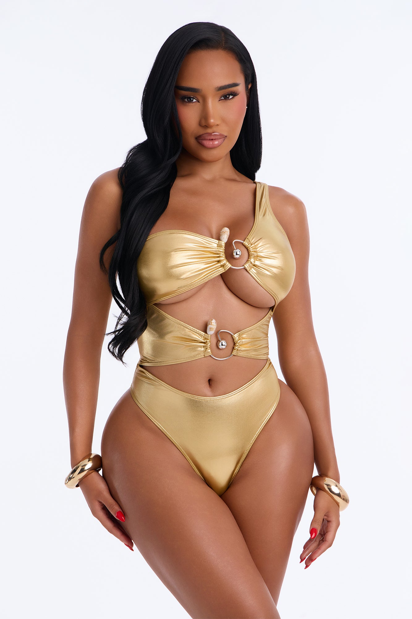 Camela Metallic Cut Out 1 Piece One Shoulder Swimsuit - Gold