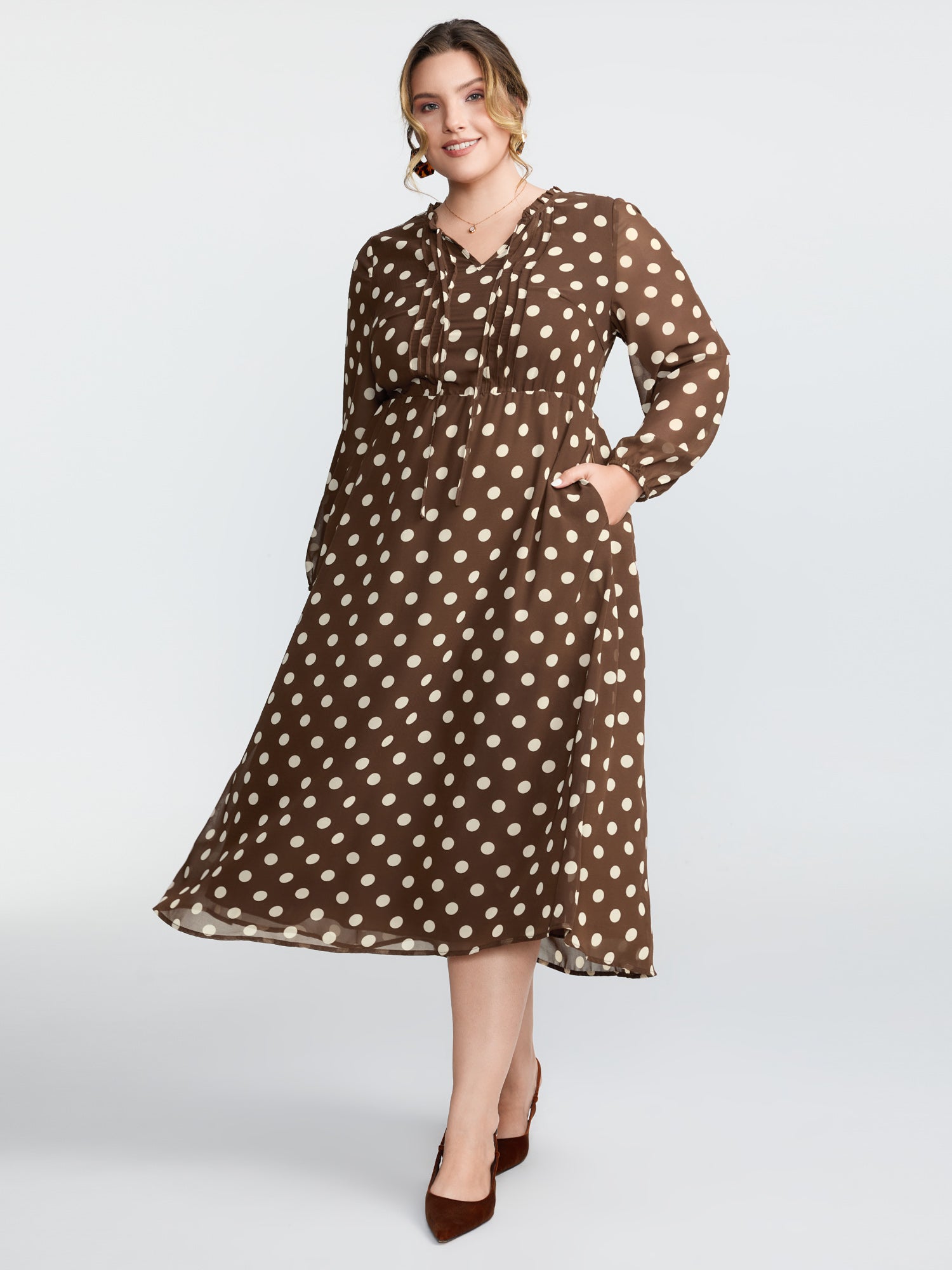 Polka Dots Shirred Stretchy Waist Midi Dress