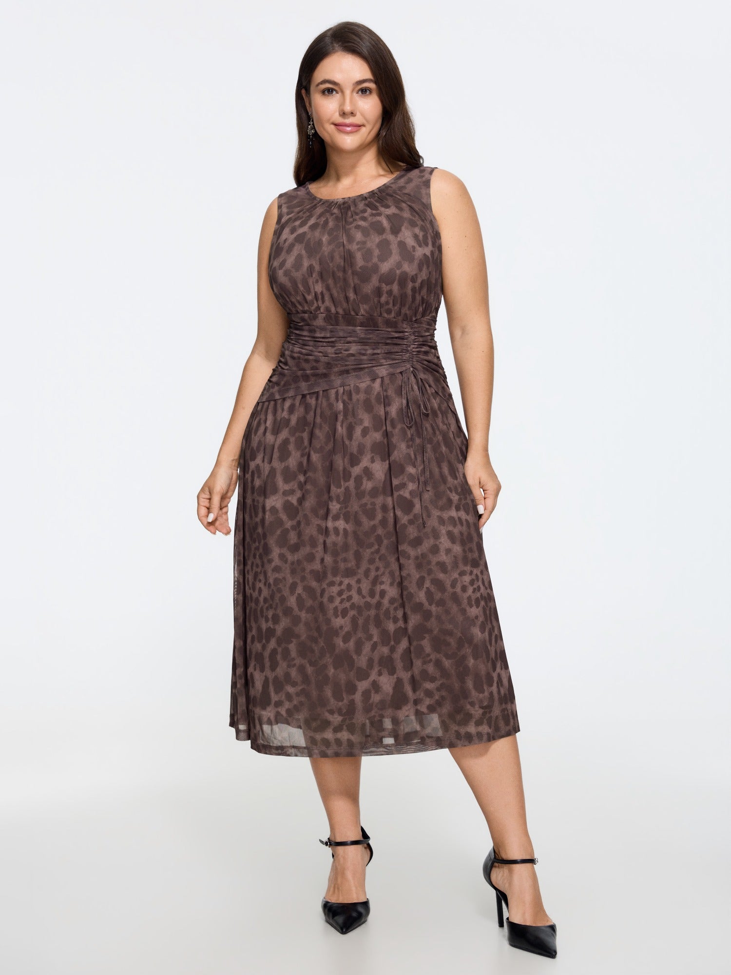 Leopard Print Mesh Ruched Waist Midi Dress