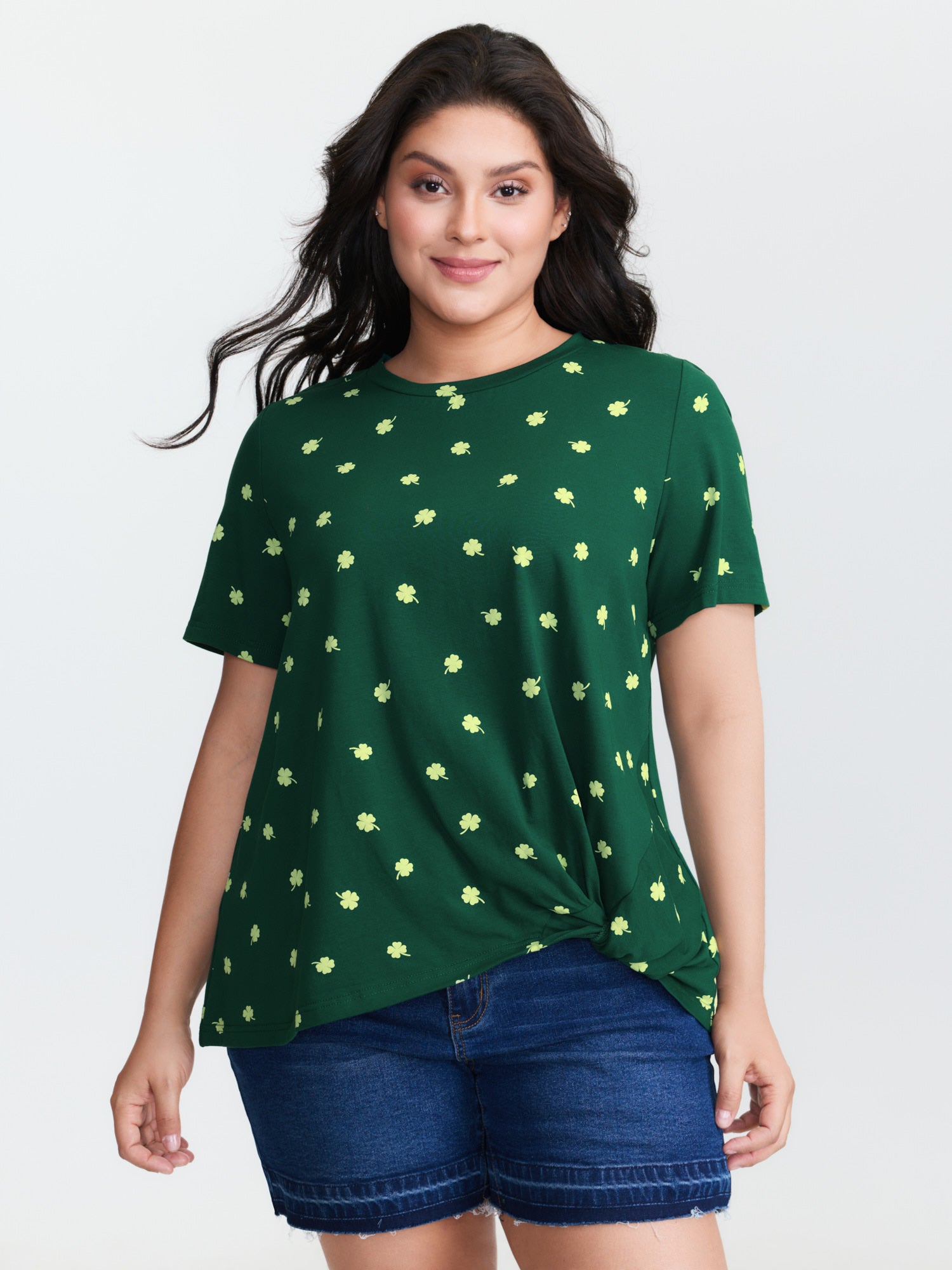 Four Leaf Clover Print Knotted Side T-Shirt