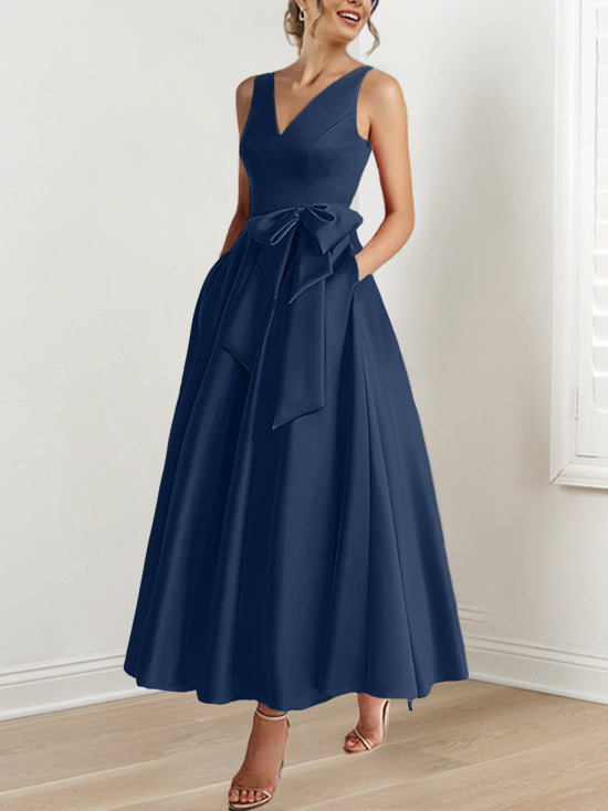 V-Neck Sleeveless A-Line Princess Ankle-Length Mother of the Bride Dress with Ruffles & Pockets