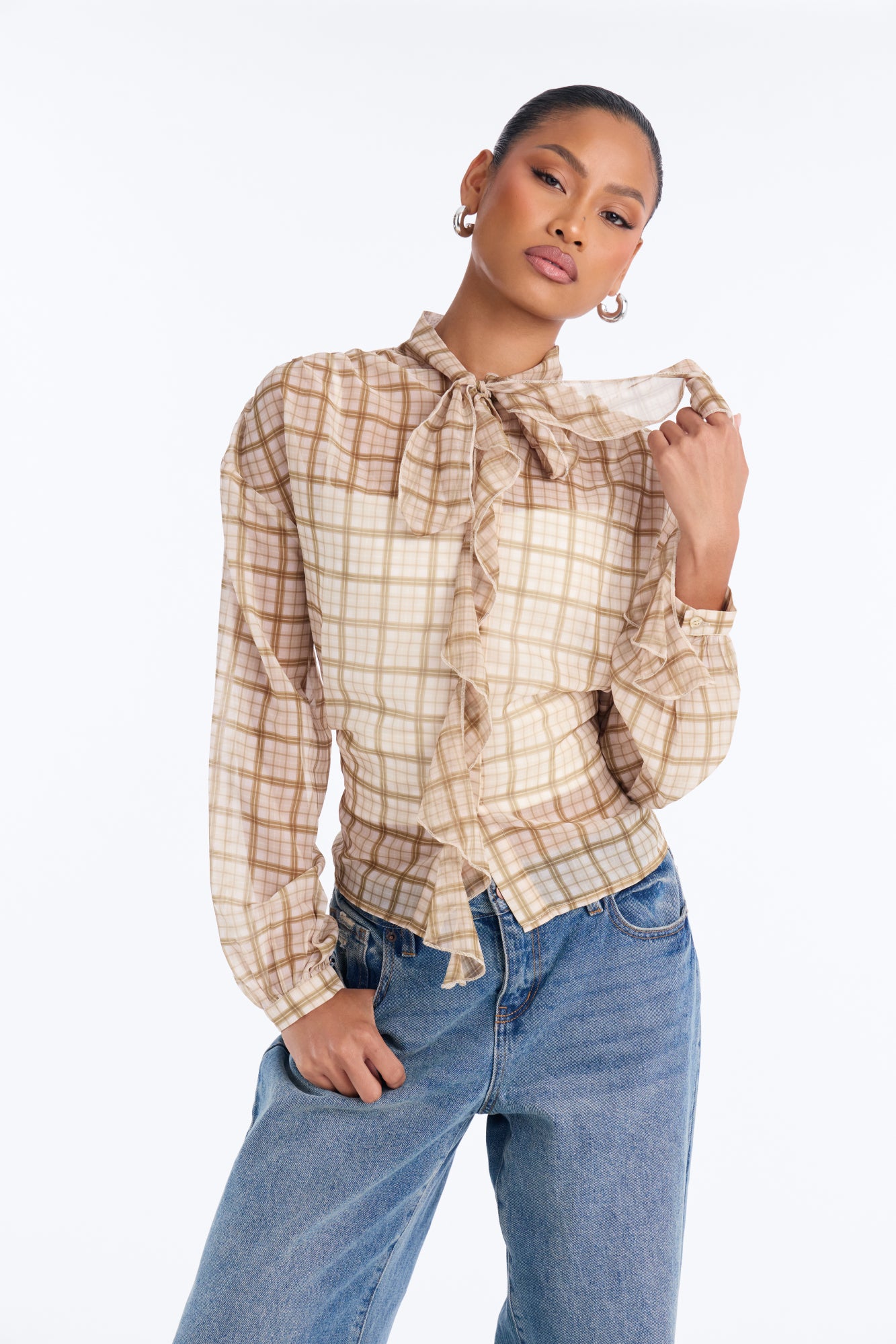 Rosalina Ruffled Plaid Chiffon Blouse - Olive/combo