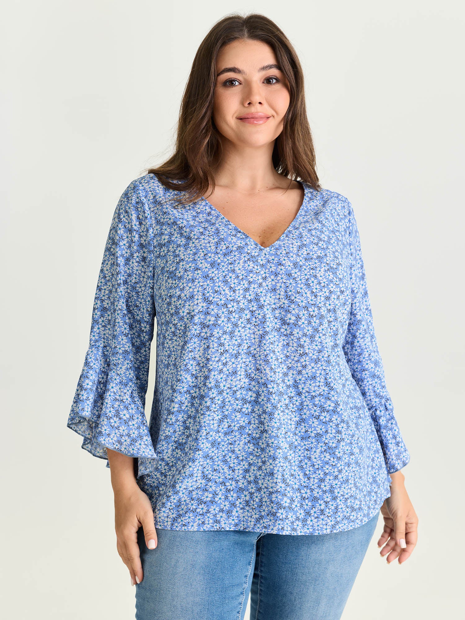Floral Print Flared Ruffled Sleeve Blouse