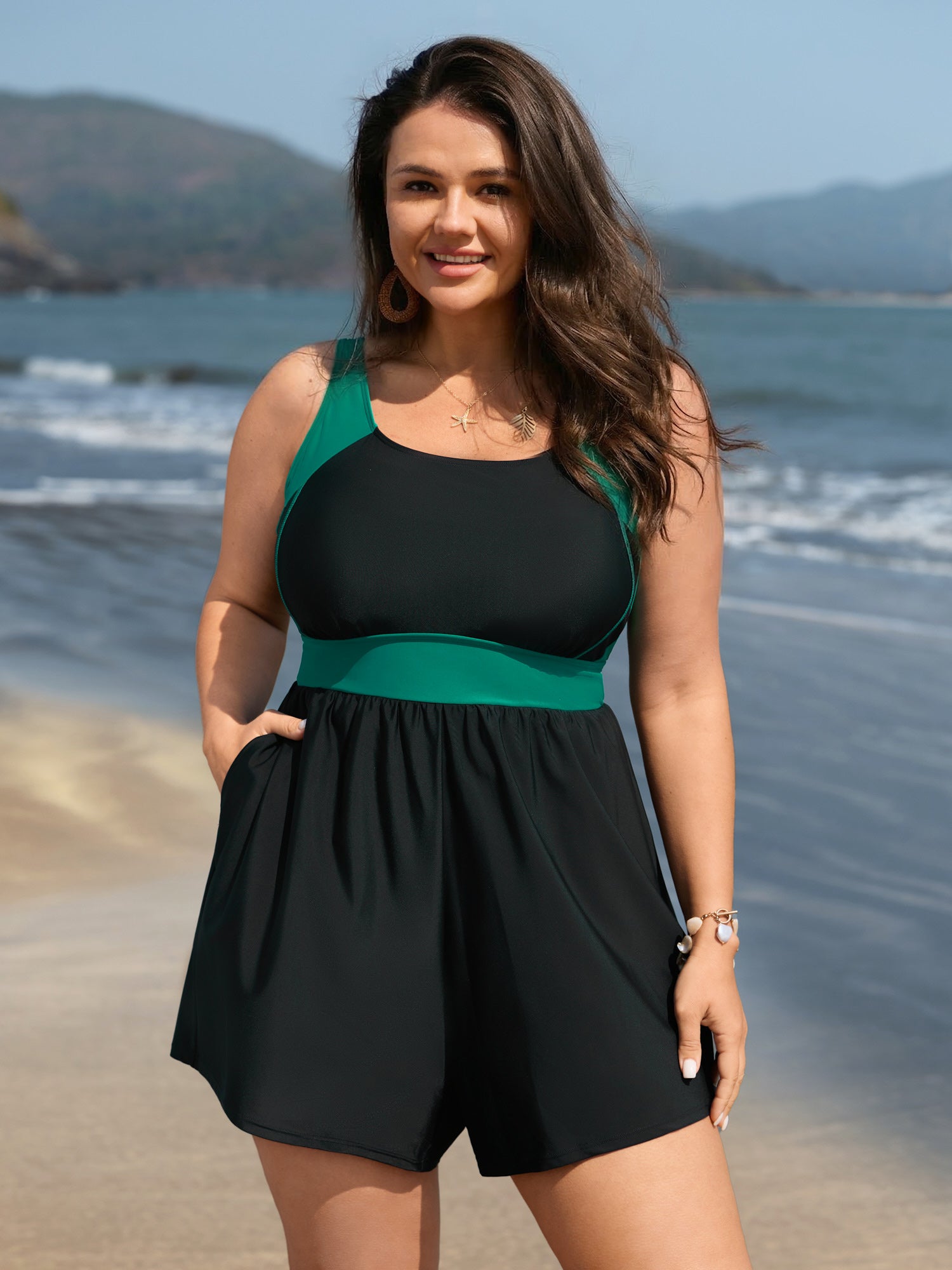 Color Contrast Pockets One-Piece Swimsuit