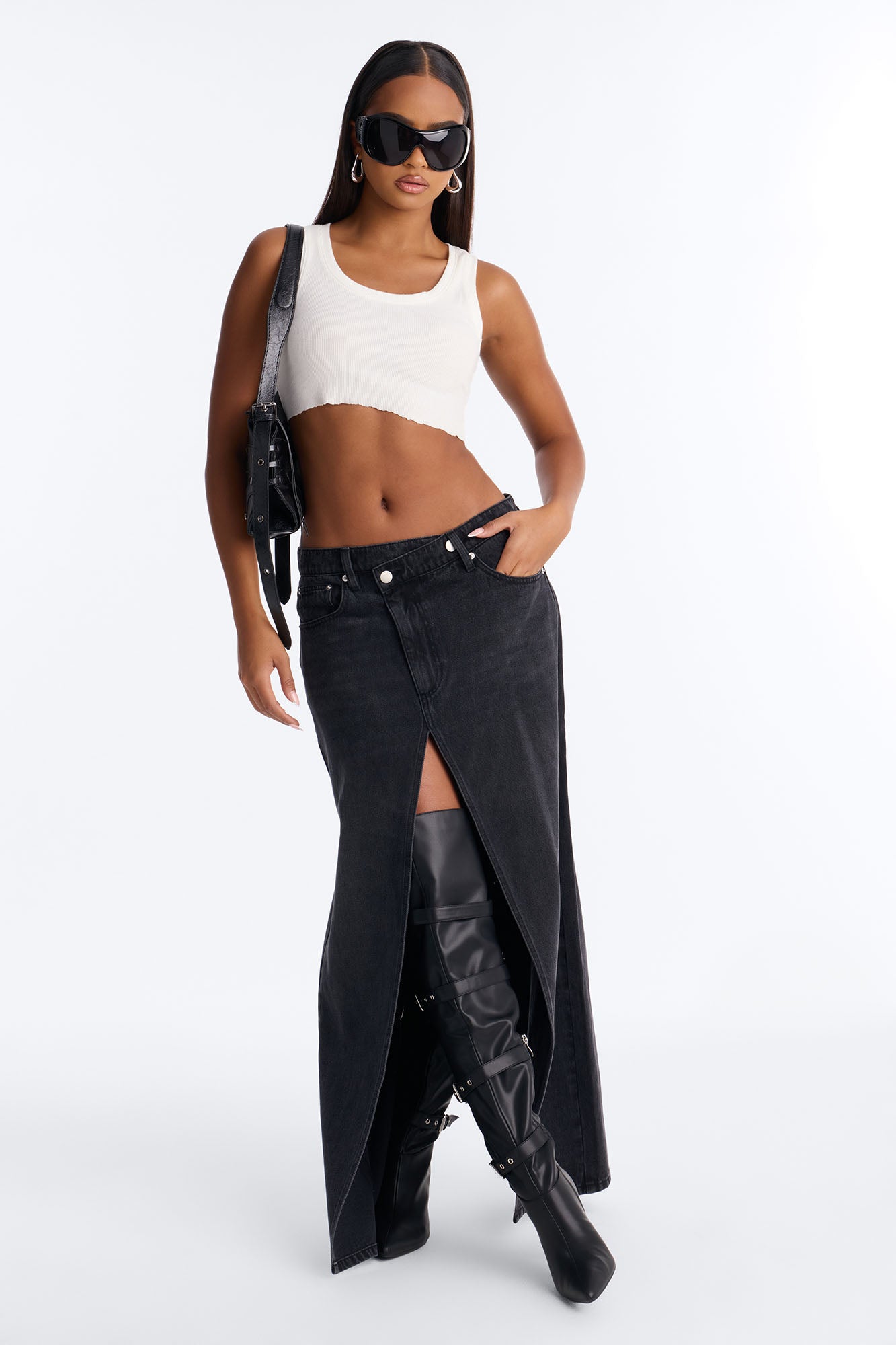 Adia Crossover Waist Denim Maxi Skirt - Black Wash