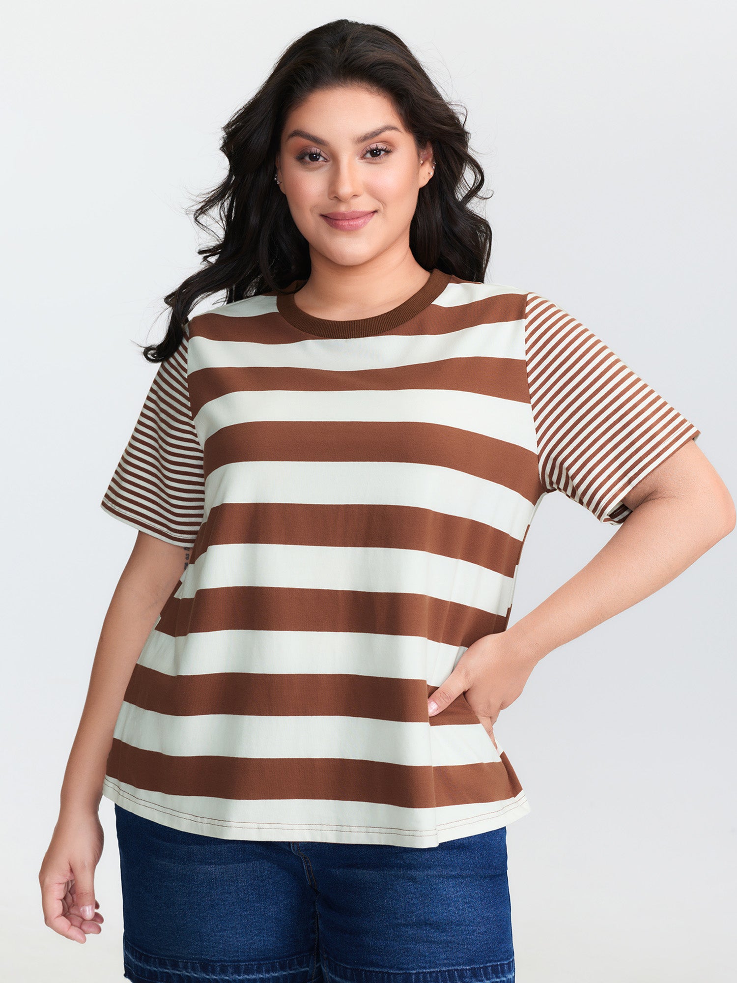 Cotton Striped Print Spliced Round Neck T-Shirt
