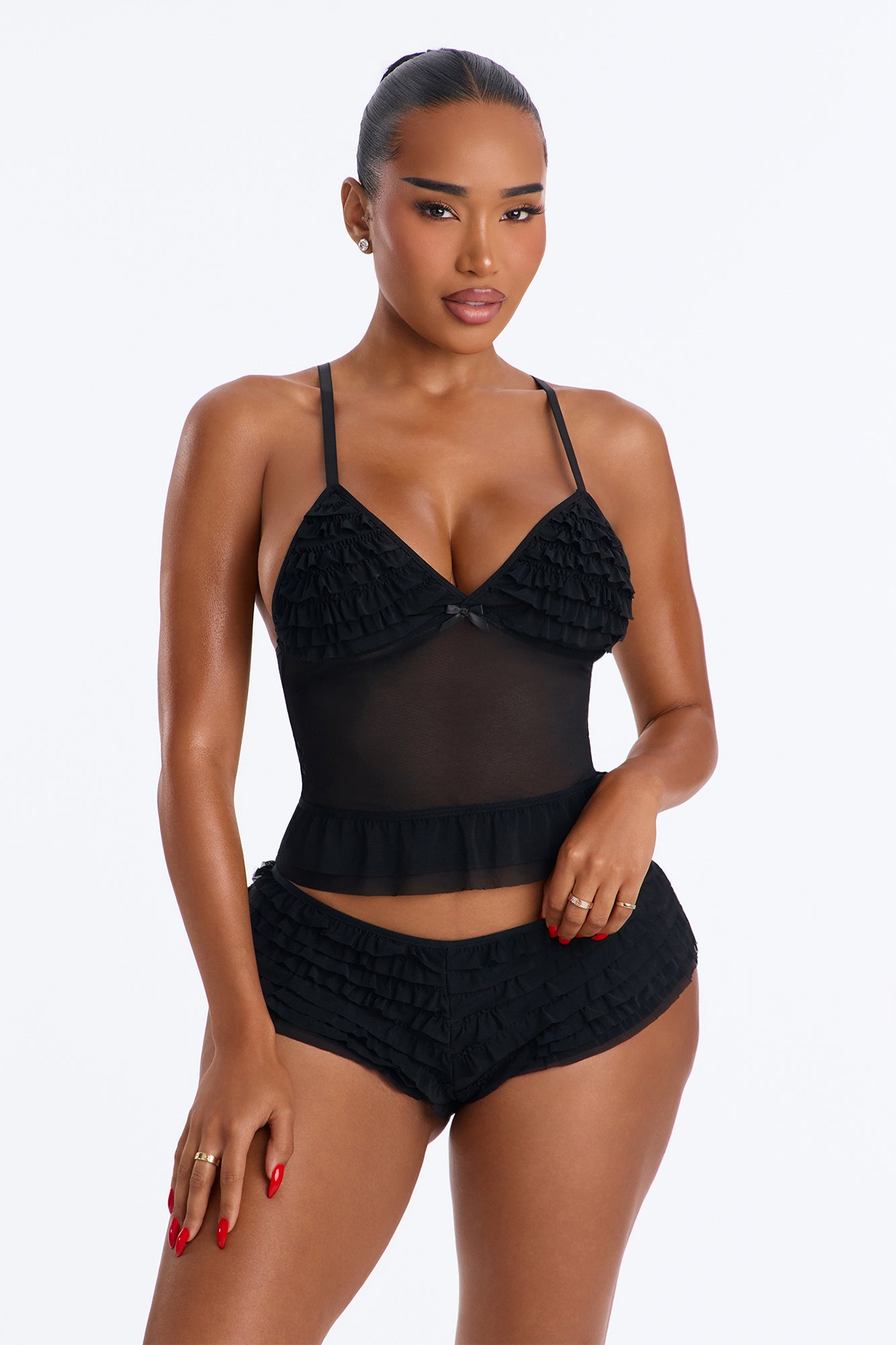 Sweet Days Ruffle Mesh 2 Piece Cami & Boyshort Set - Black