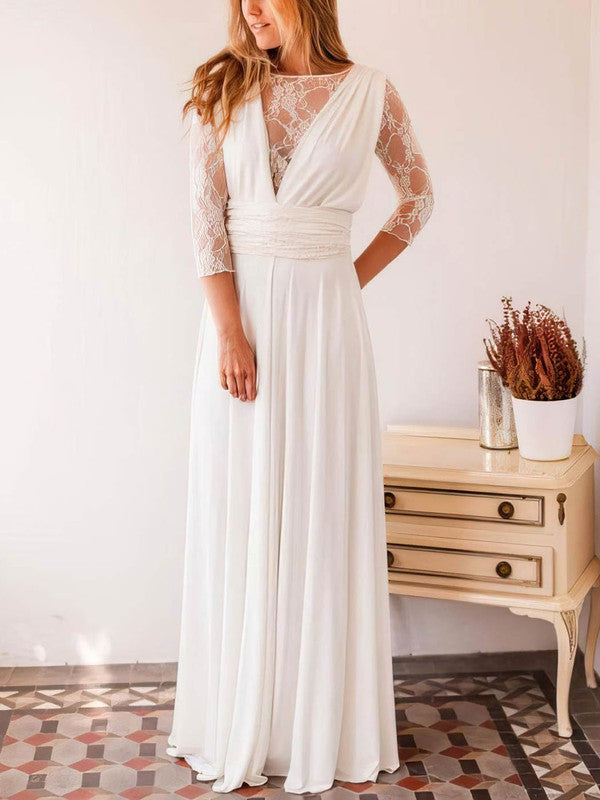 Eleagnt 3/4 Long Sleeves A-Line Lace Chiffon Floor-Length Wedding Dresses