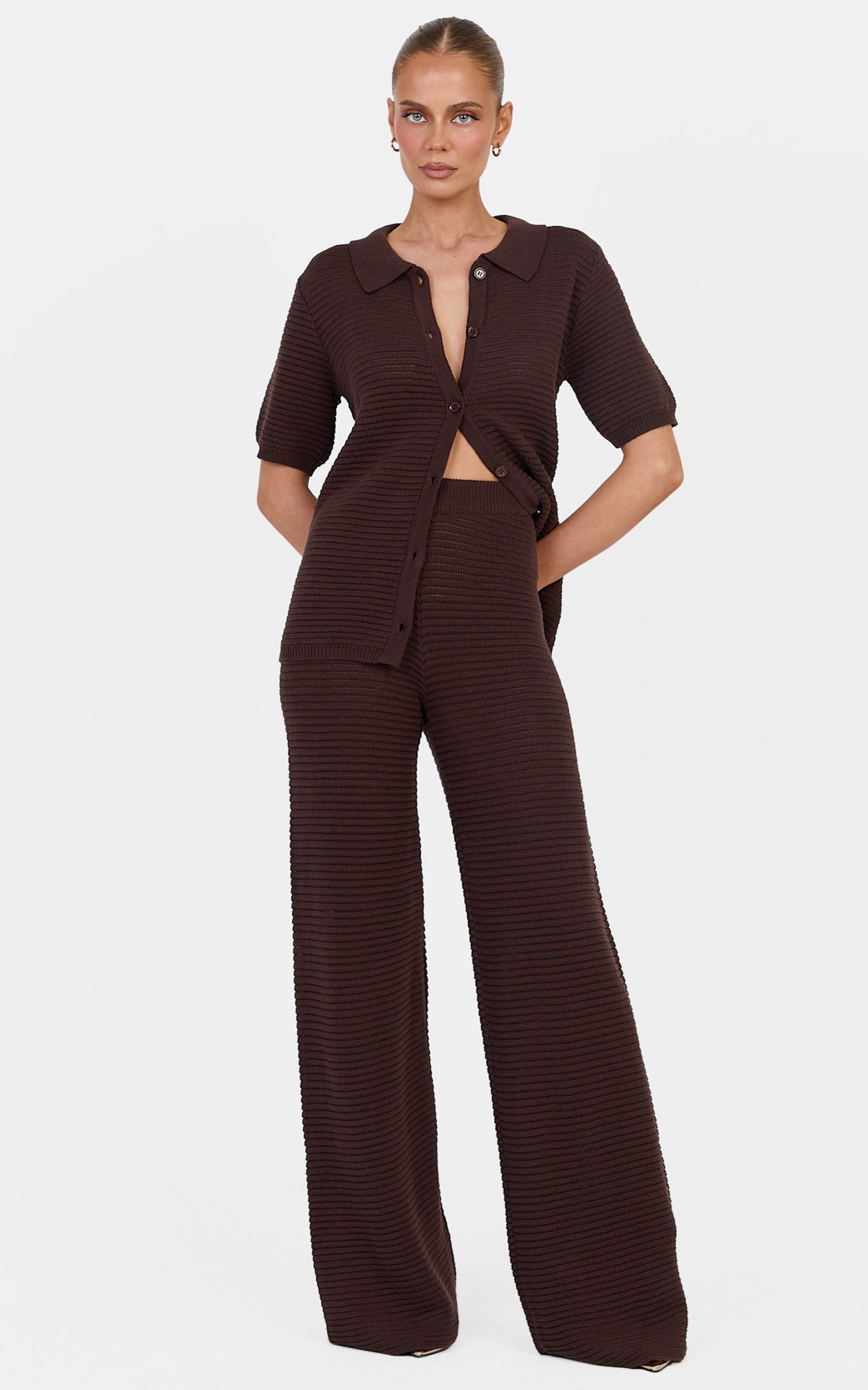 Leonora Two Piece Top and Pants Set - Cotton Knit Button Through Shirt and Drawstring Pants Set in Chocolate
