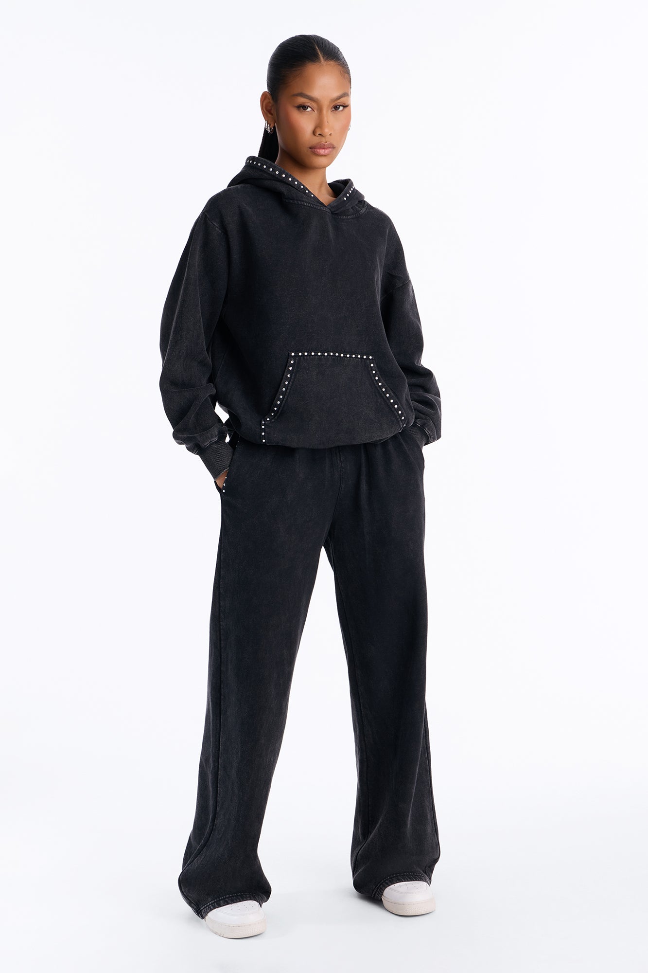 Diamond Girl Washed Fleece Pant Set - Charcoal