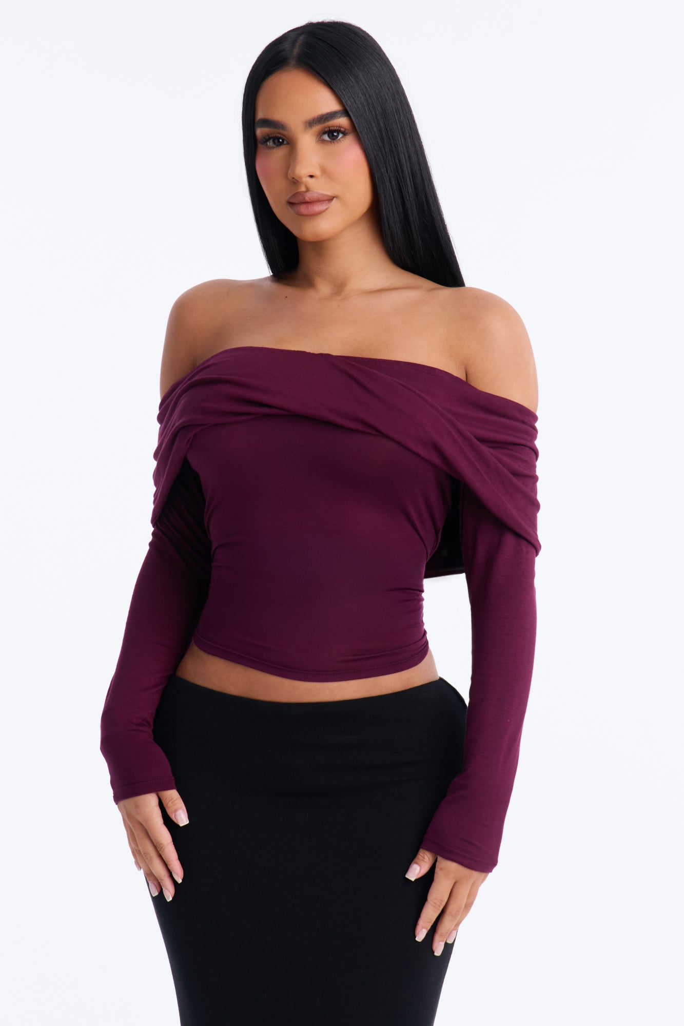 Sotainy Twist Off Shoulder Long Sleeve Top - Plum