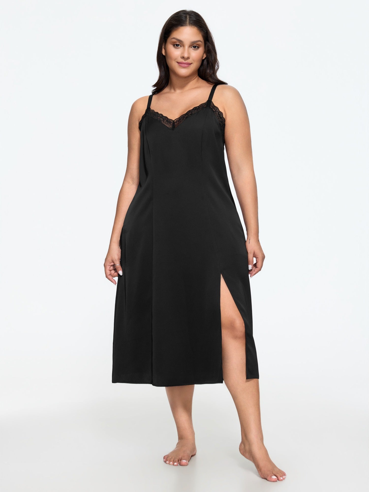 V‑Neck Lace Trim Side Slit Nightgown