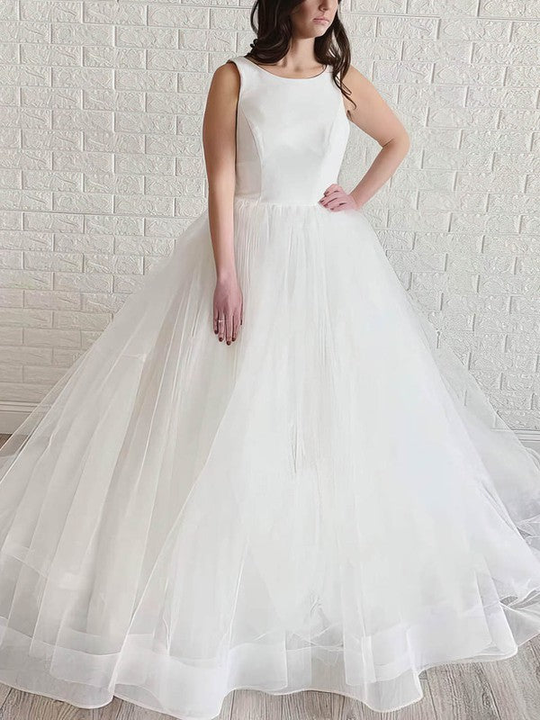 Trendy A-Line Tulle Backless Sleeveless Court Train Wedding Dresses