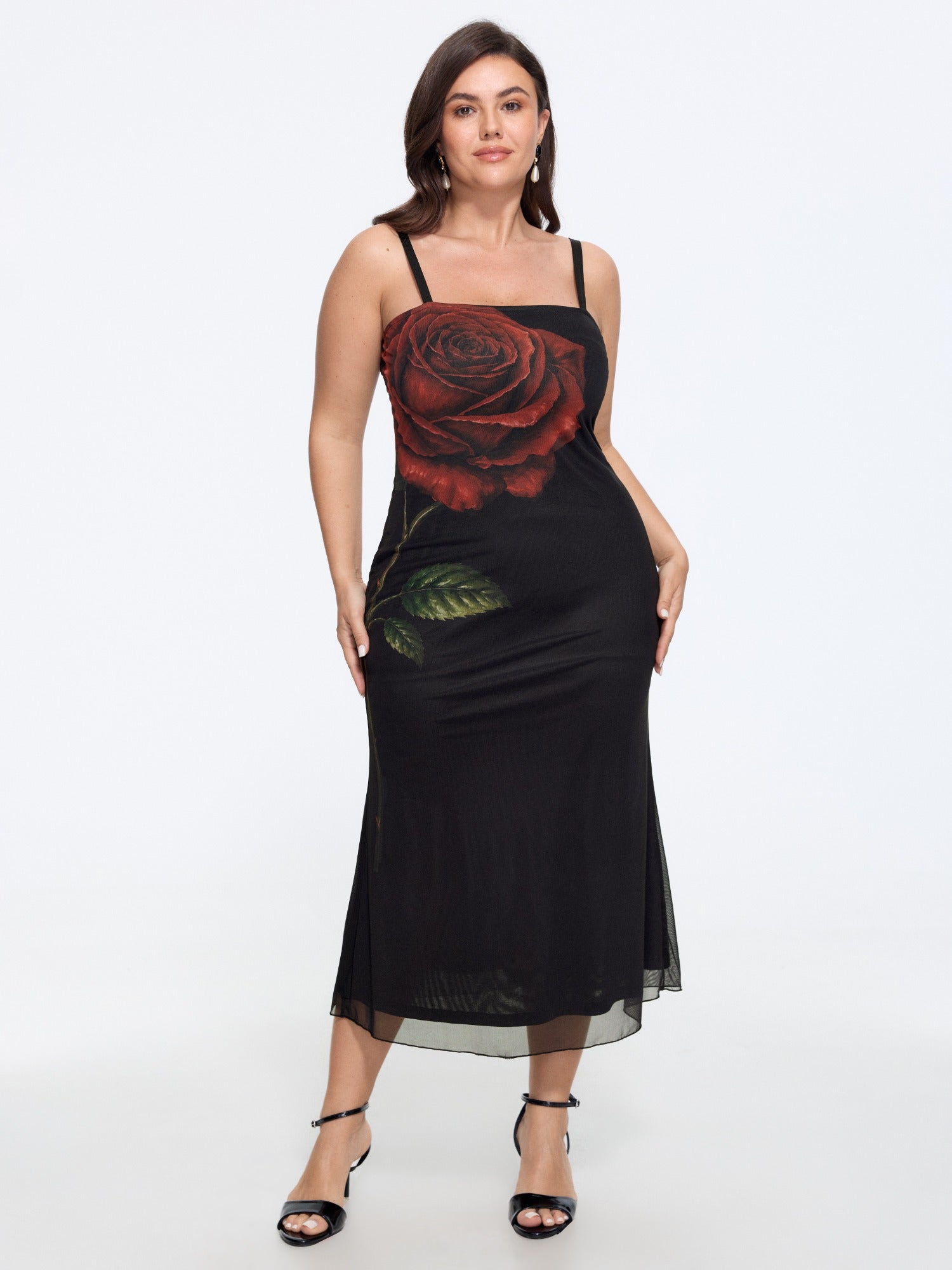 Rose Print Mesh Sleeveless Midi Dress