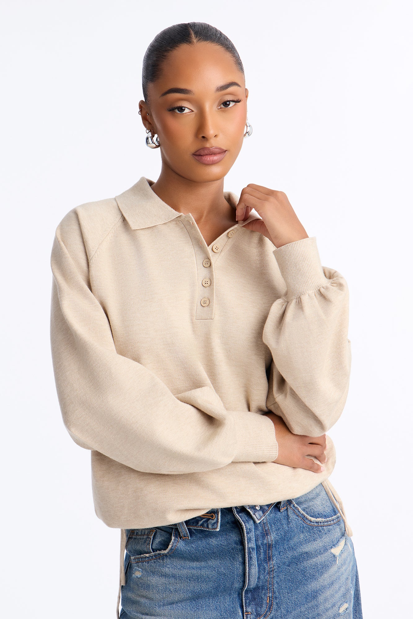 Cozy Obsession Cinch Hem Polo Sweater - Stone