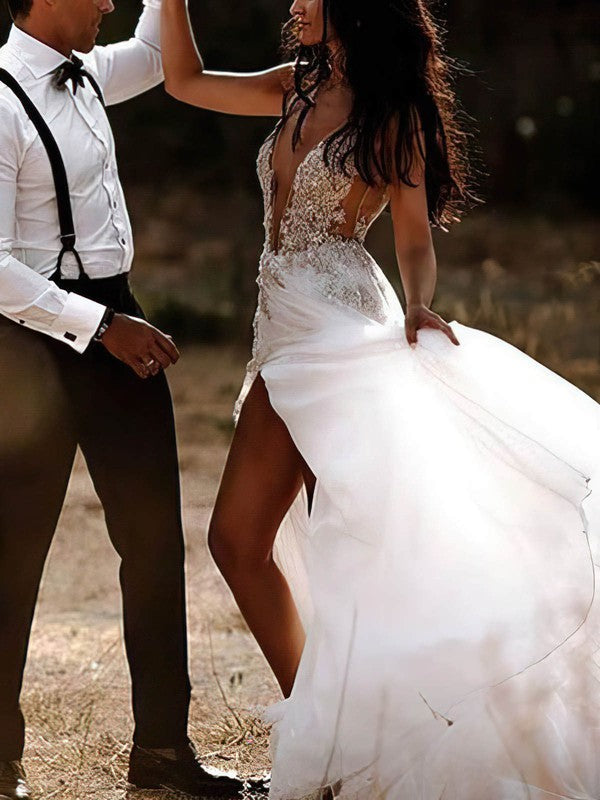 Beautiful A-Line V-Neck Backless Lace Tulle Court Train Wedding Dresses with Split