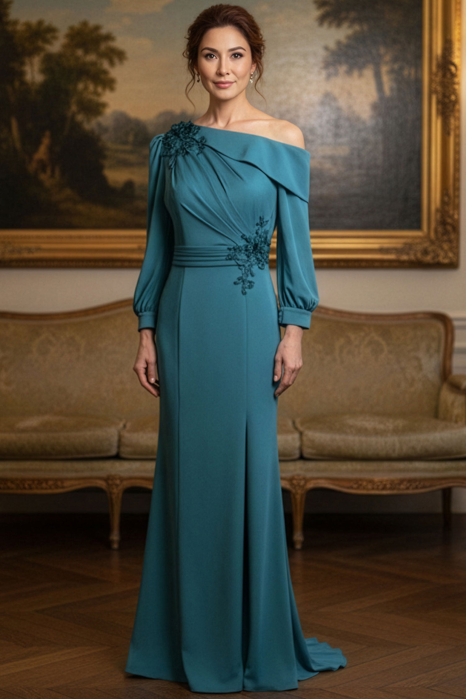 MGNY By Mori Lee 2070041 - Long Sleeve Asymmetric Crepe Evening Gown