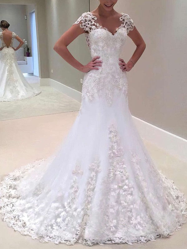 Luxurious Mermaid Court Train Capped V-Neck Lace Wedding Dresses with Beads