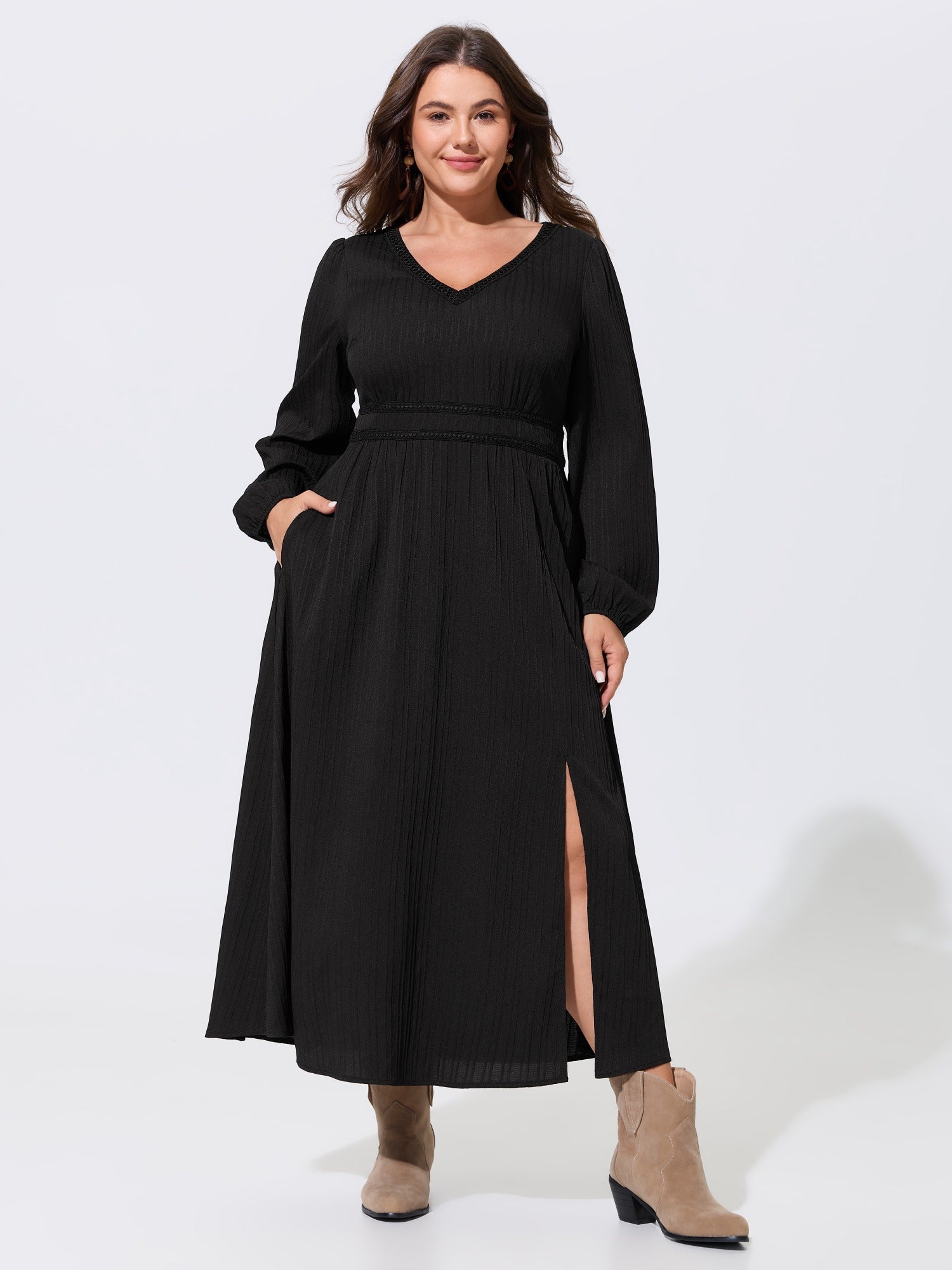 Textured V Neck Lace Trim Side Slit Maxi Dress