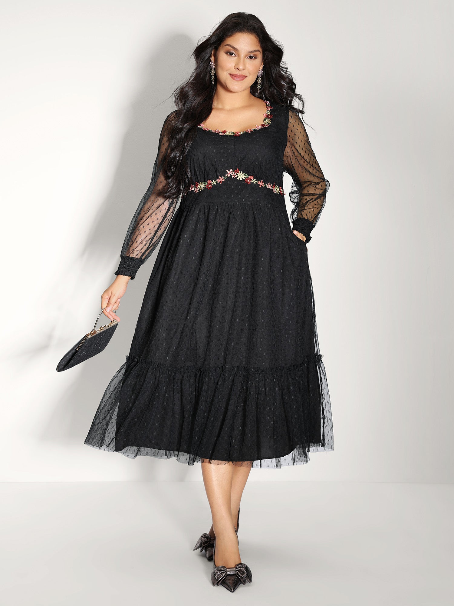 Floral Embroidery Sheer Detail Midi Dress
