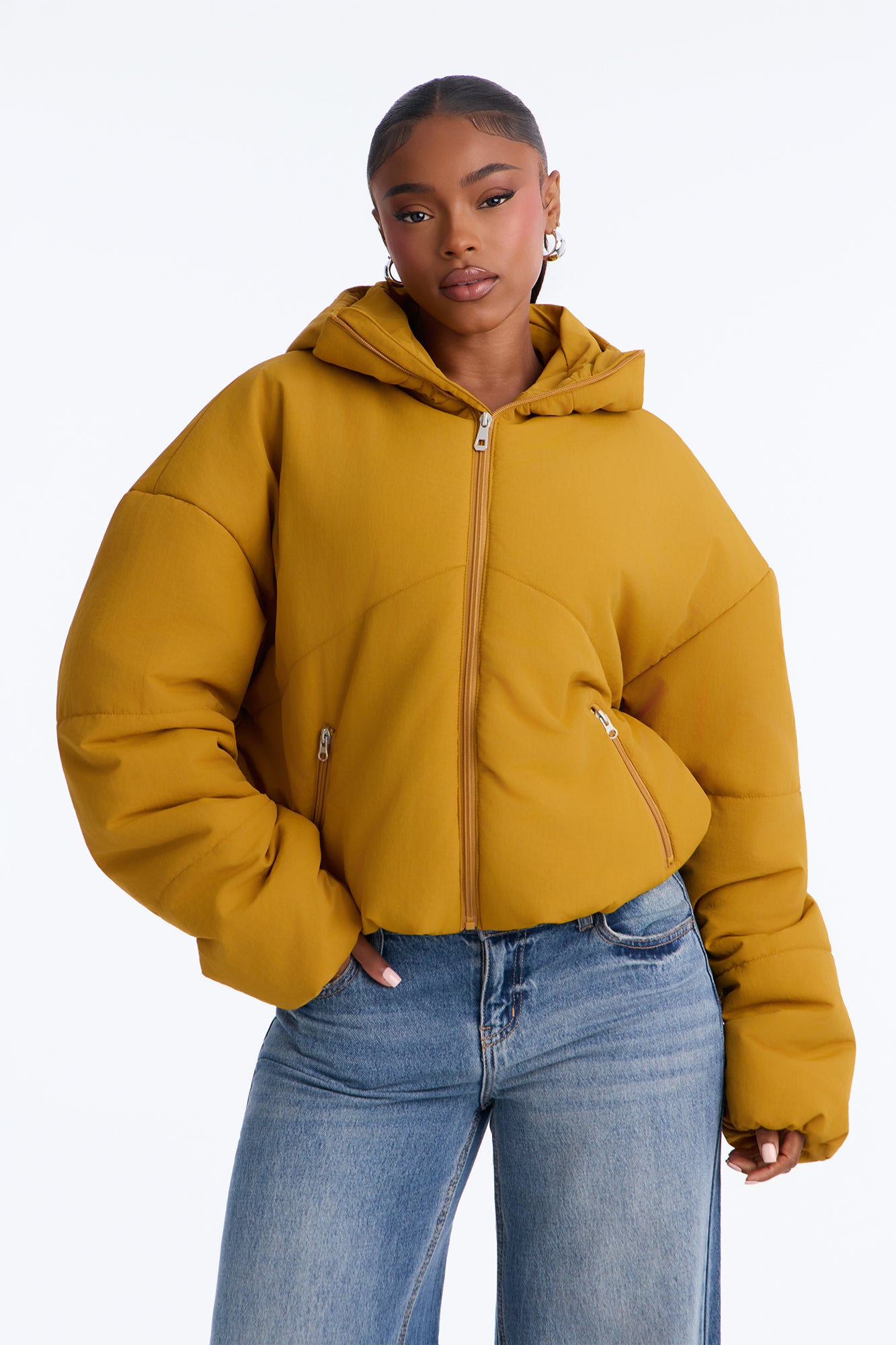 On The Go Funnel Neck Hooded Puffer - Mustard