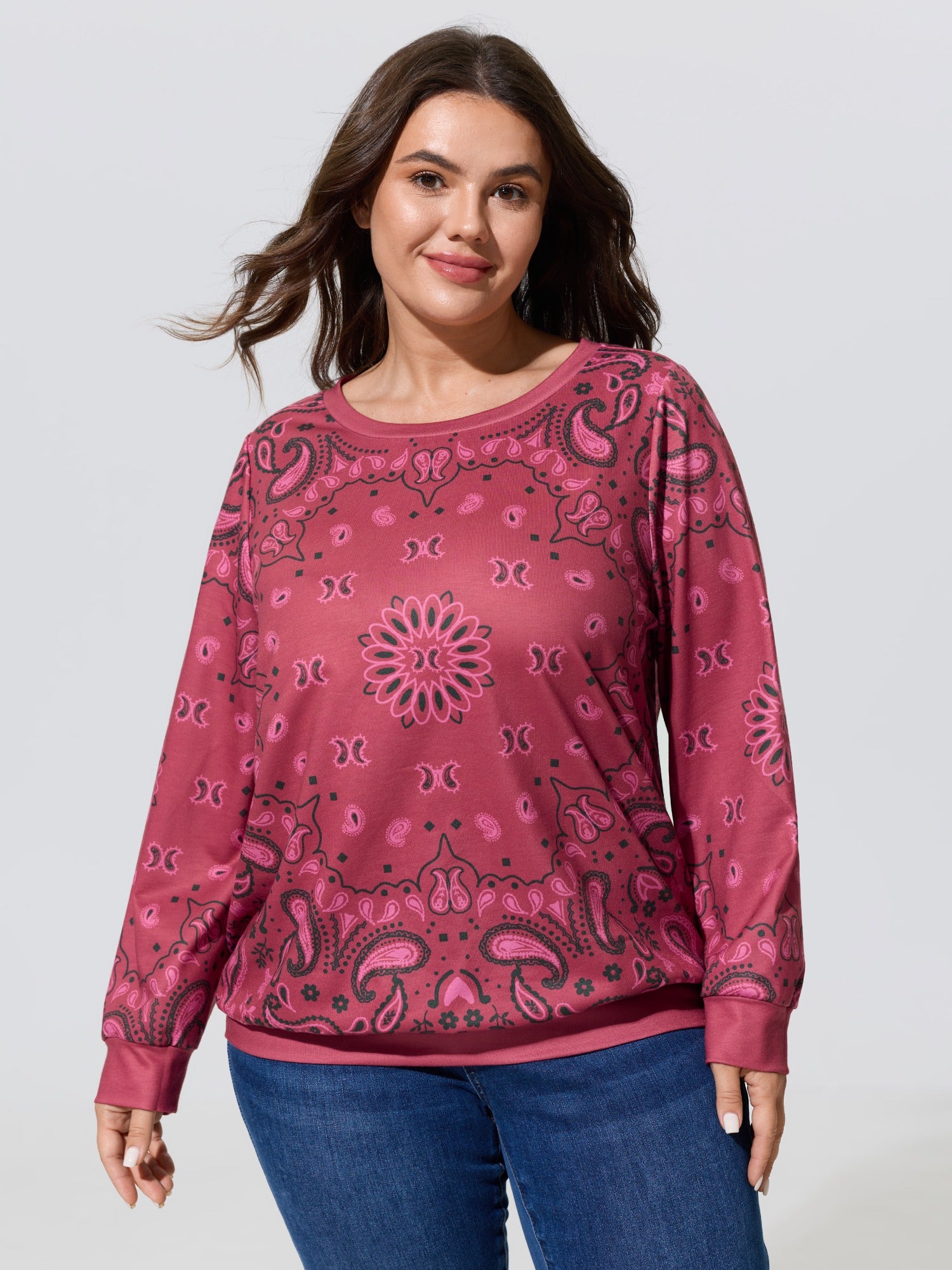 Paisley Print Crew Neck Long Sleeve Sweatshirt