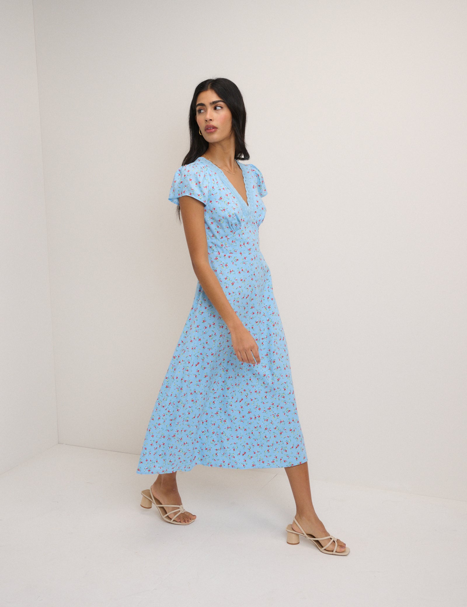 Blue Floral Lace Trim Kacey Midi Dress