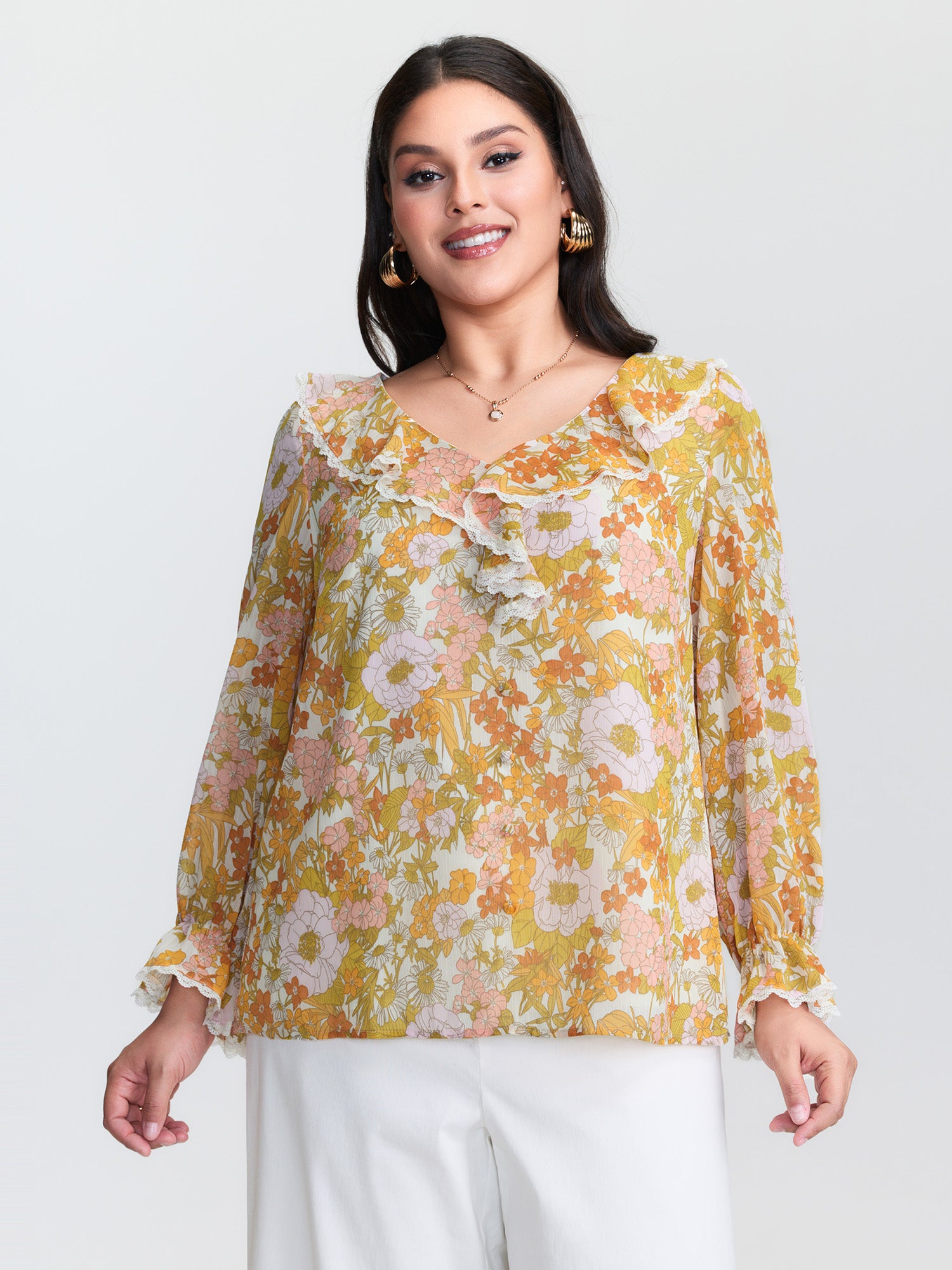 Floral Print Lotus Leaf Neckline Blouse