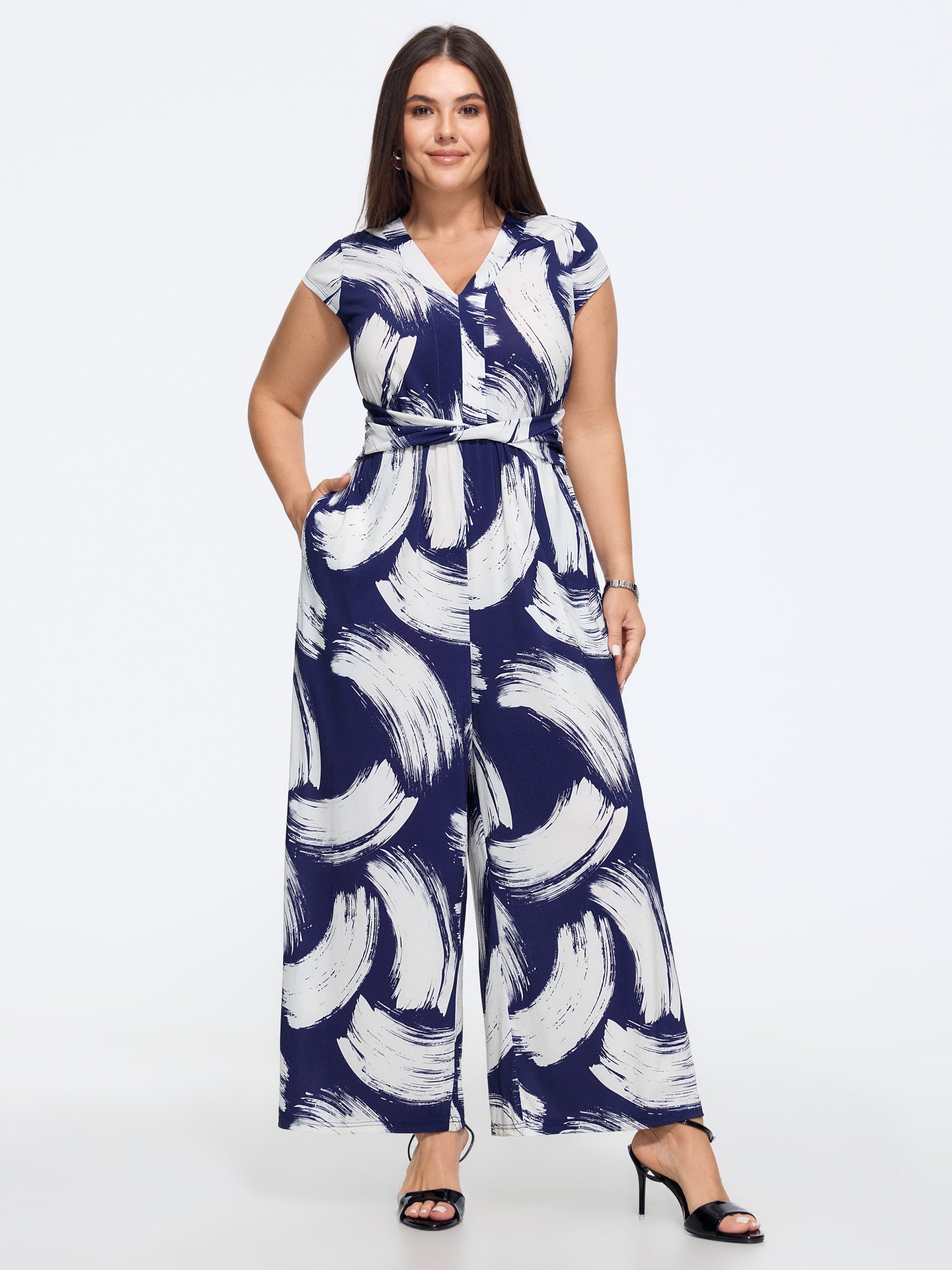Brush‑Stroke Print Twist Front Waist Jumpsuit