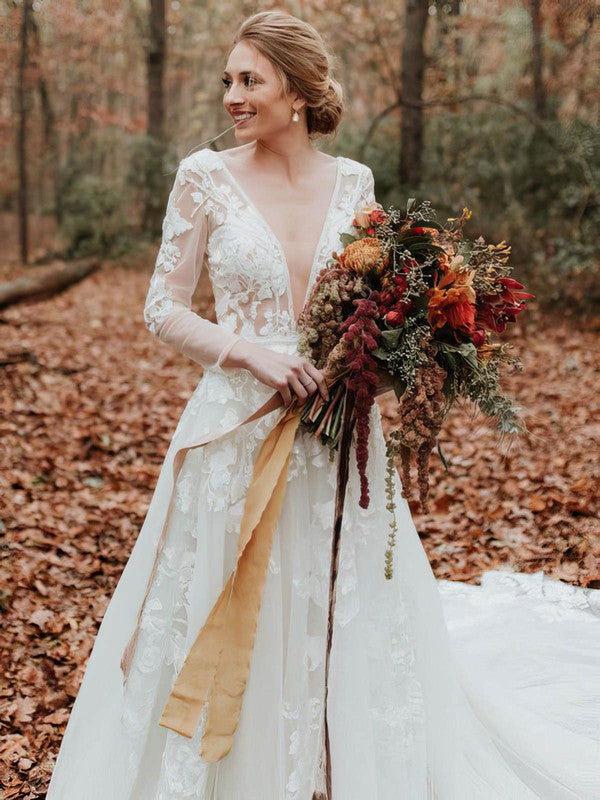Gorgeous Deep V-Neck Long Sleeves Lace A-Line Wedding Dresses